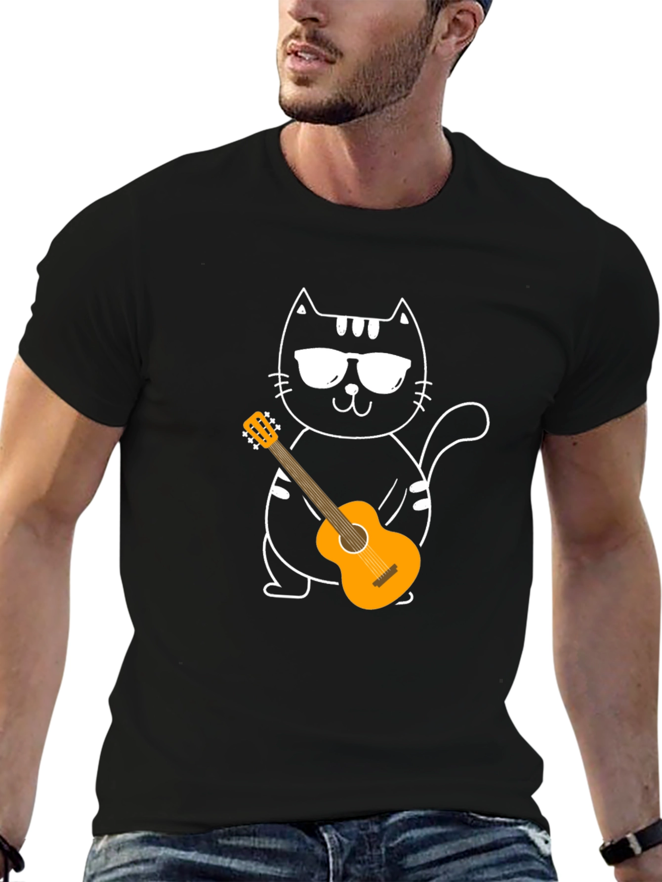 Cool Cat Guitarist T-Shirt - Black Cotton Tee