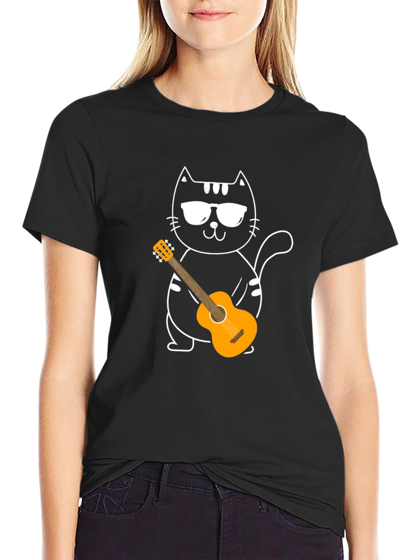 Cool Cat Guitarist T-Shirt - Black Cotton Tee