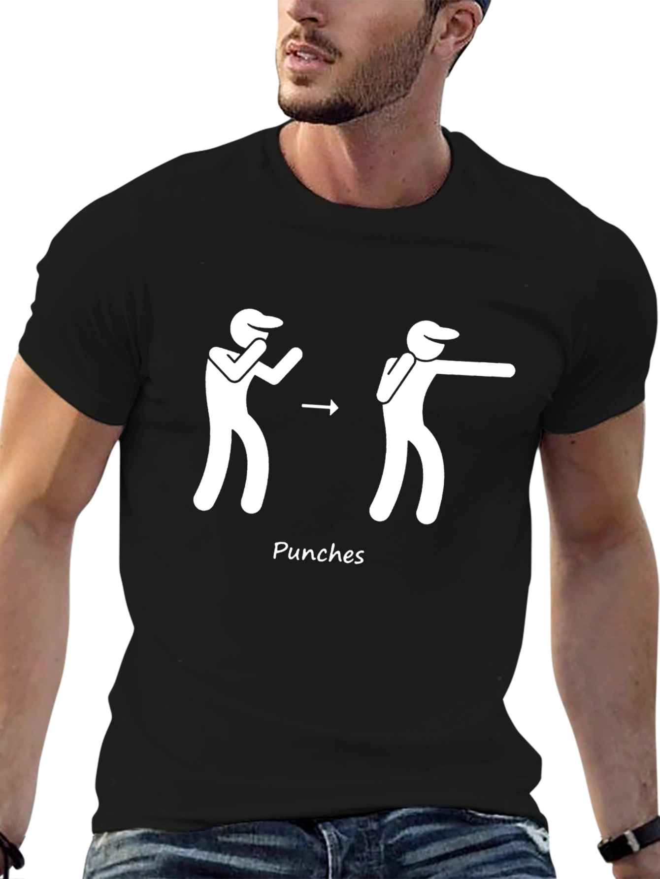 Punching Stick Figure Black Cotton T-Shirt