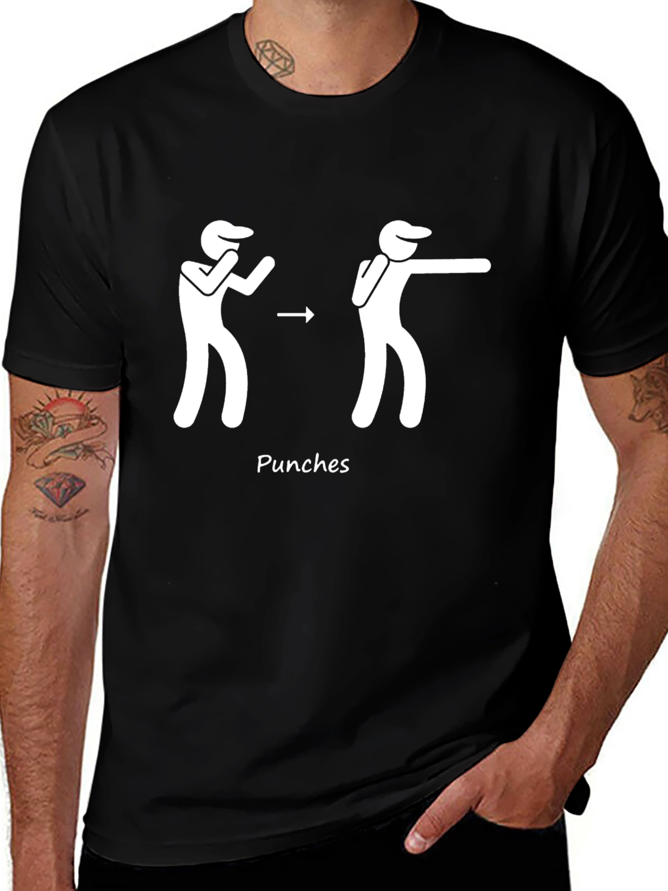 Punching Stick Figure Black Cotton T-Shirt