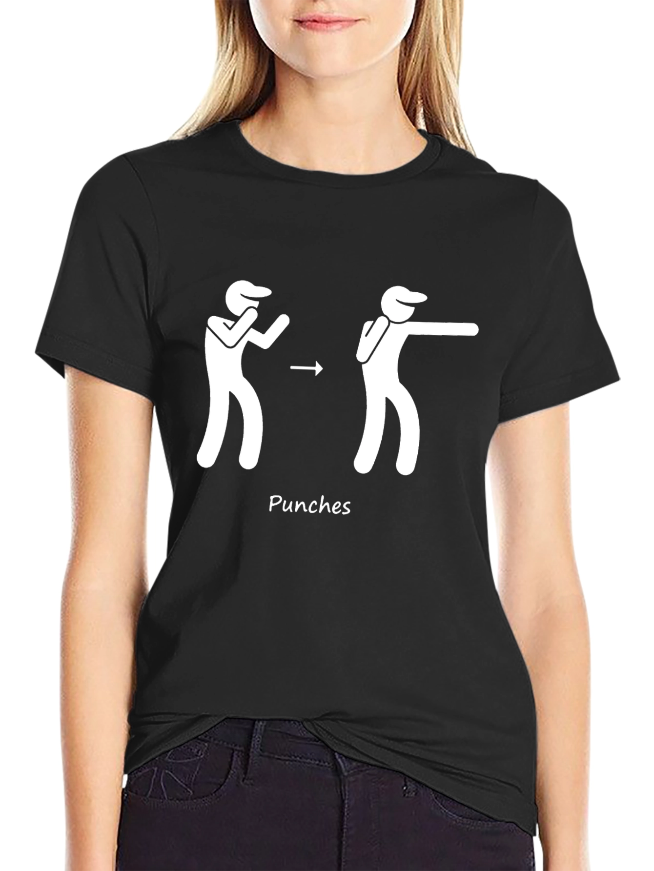 Punching Stick Figure Black Cotton T-Shirt