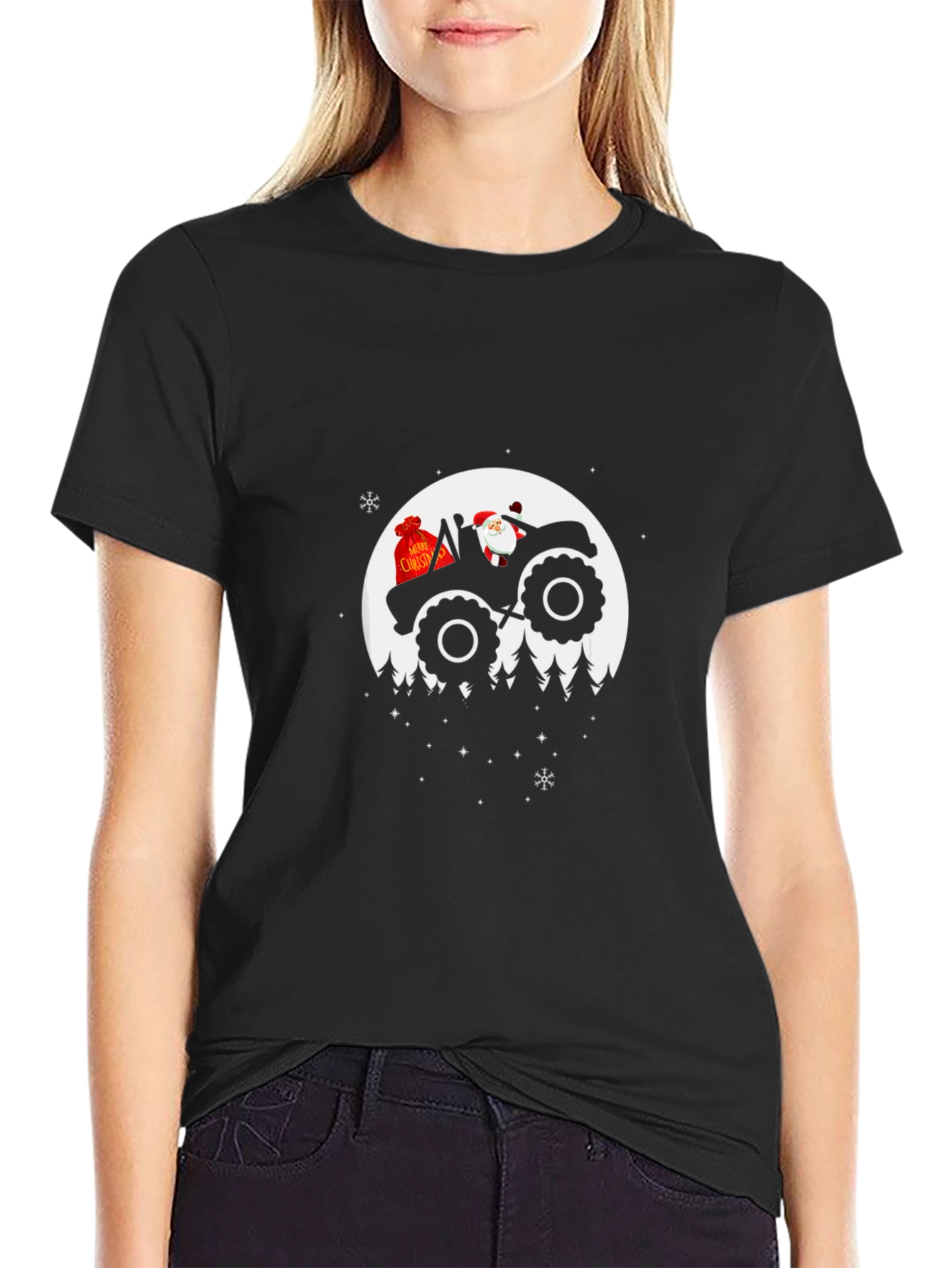 Santa Tractor Moon Christmas T-Shirt