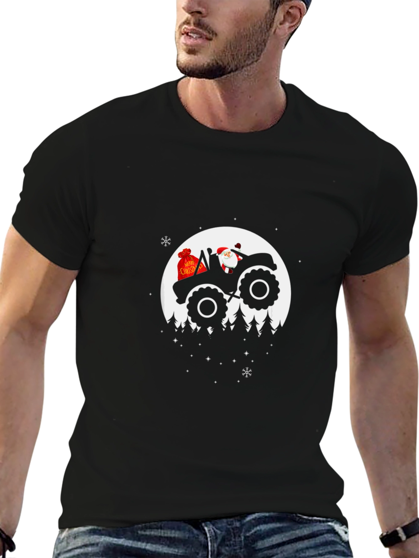 Santa Tractor Moon Christmas T-Shirt