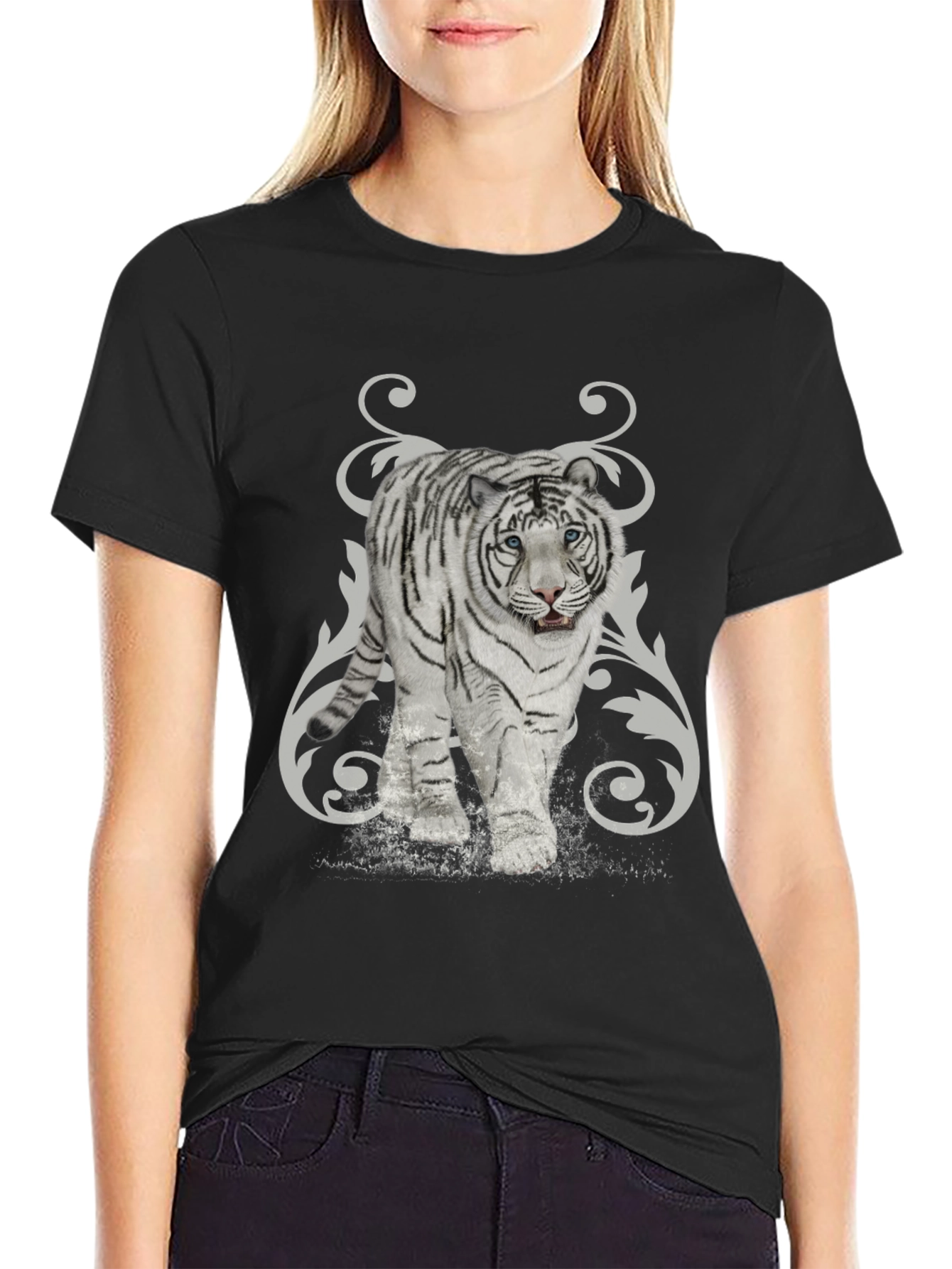 White Tiger Graphic Print Black T-Shirt