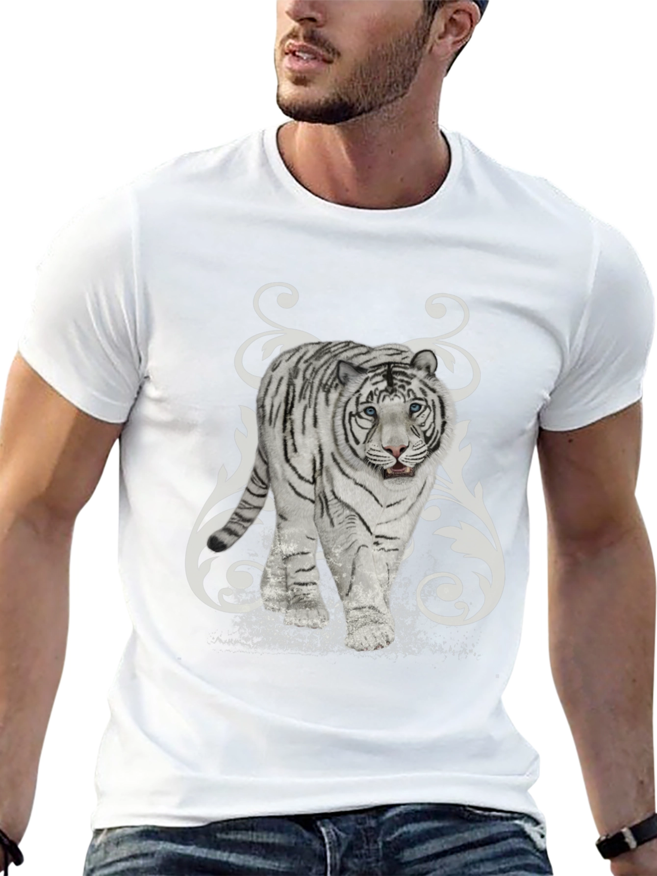 White Tiger Graphic Print Black T-Shirt
