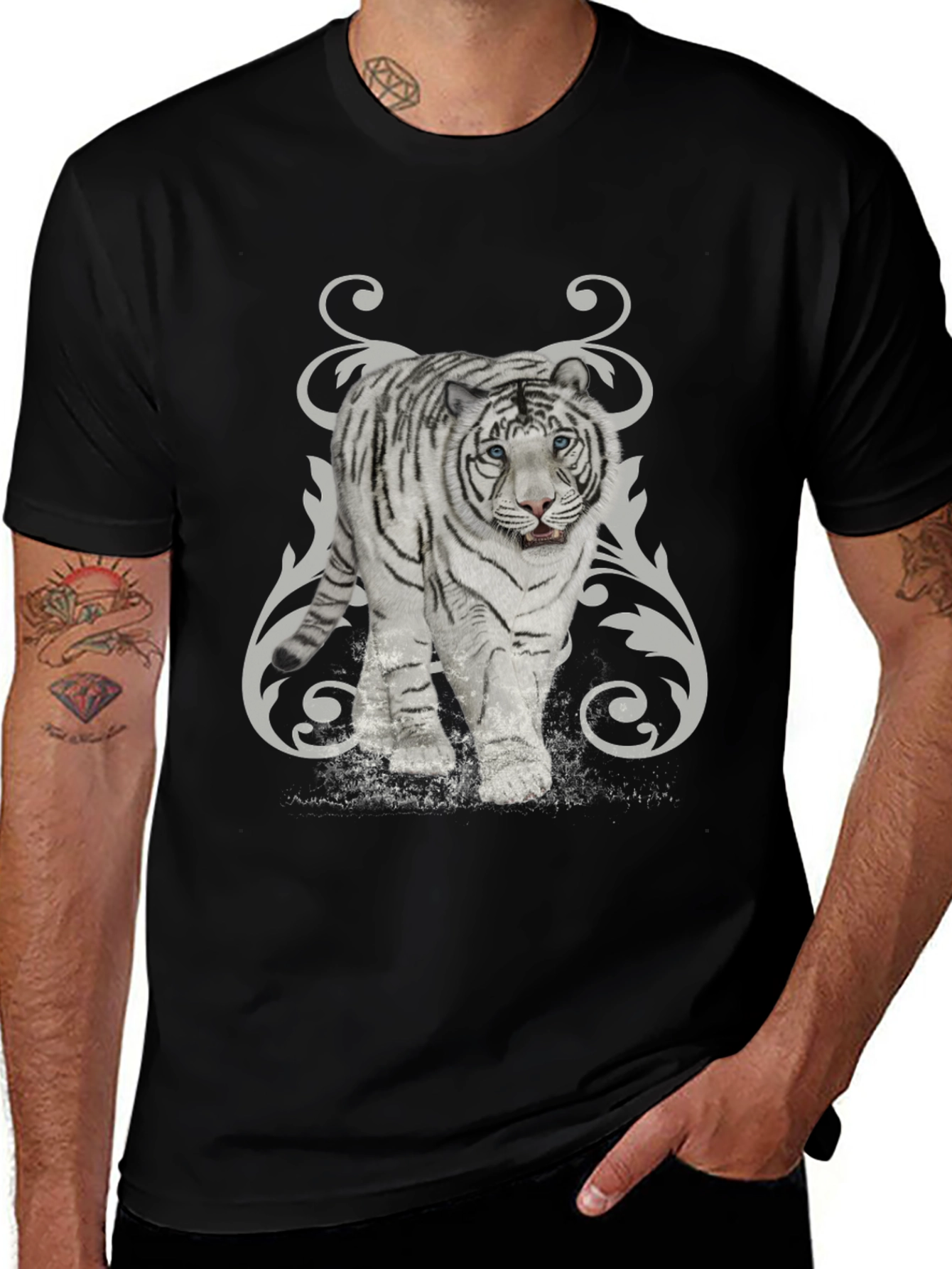 White Tiger Graphic Print Black T-Shirt
