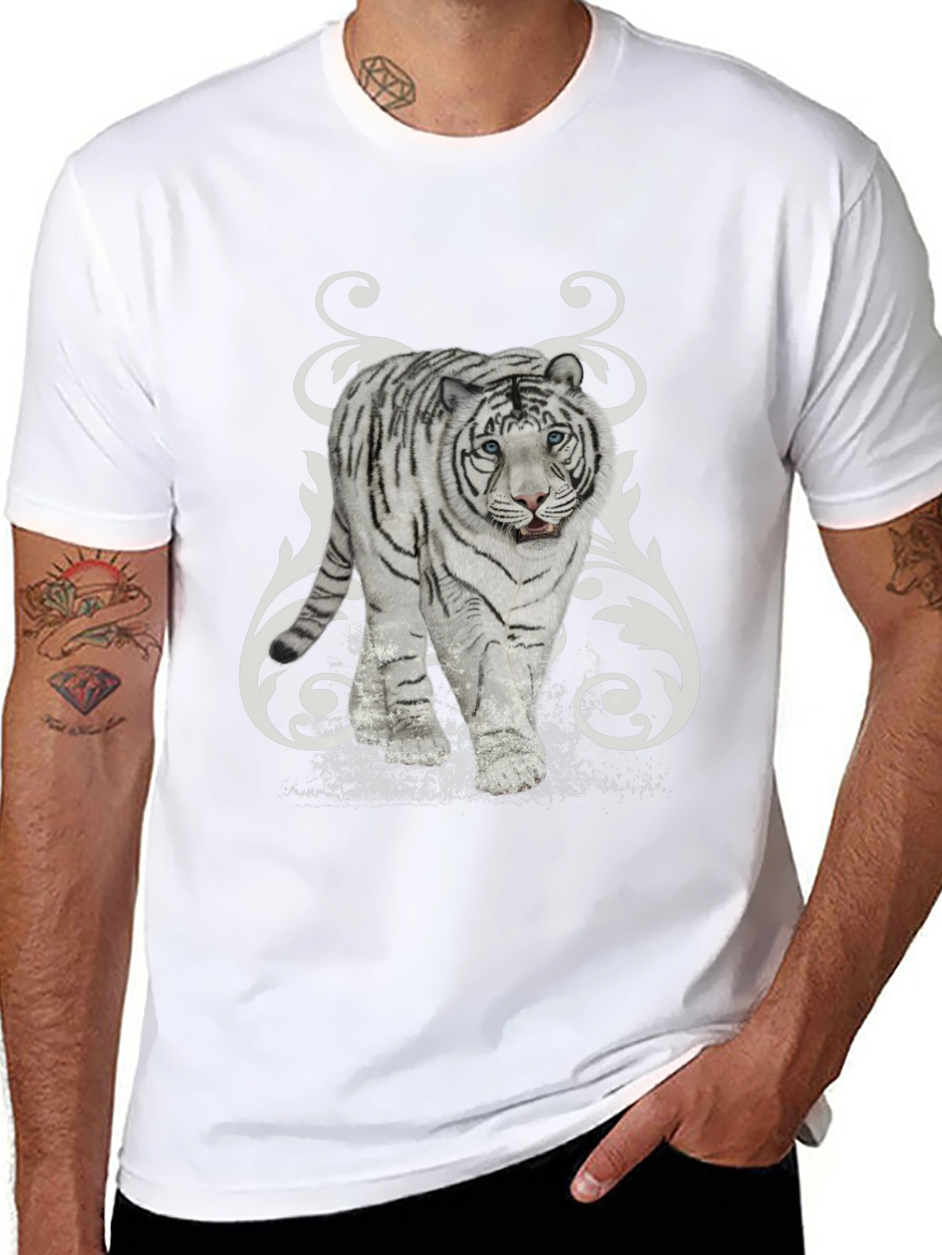 White Tiger Graphic Print Black T-Shirt