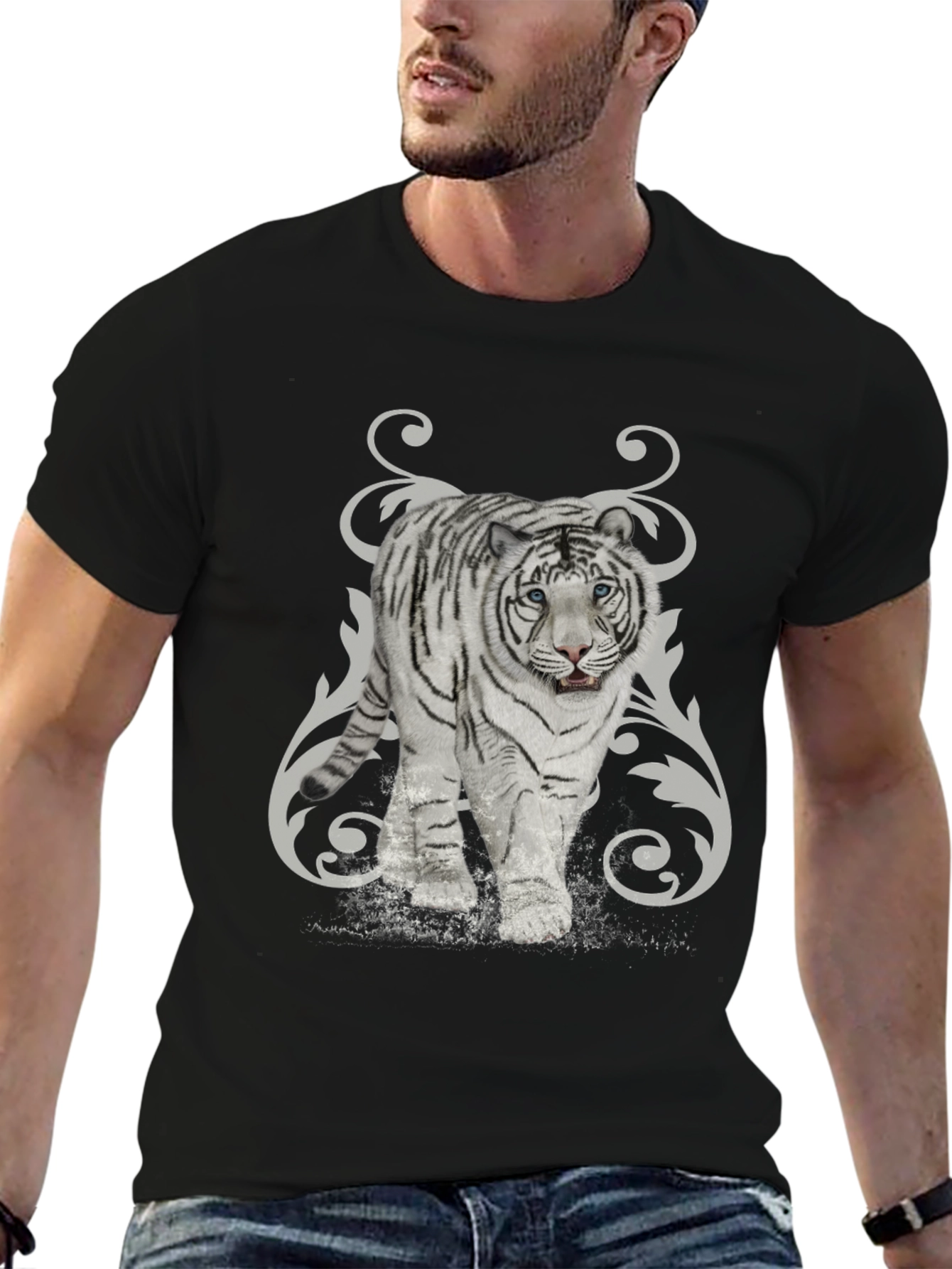 White Tiger Graphic Print Black T-Shirt