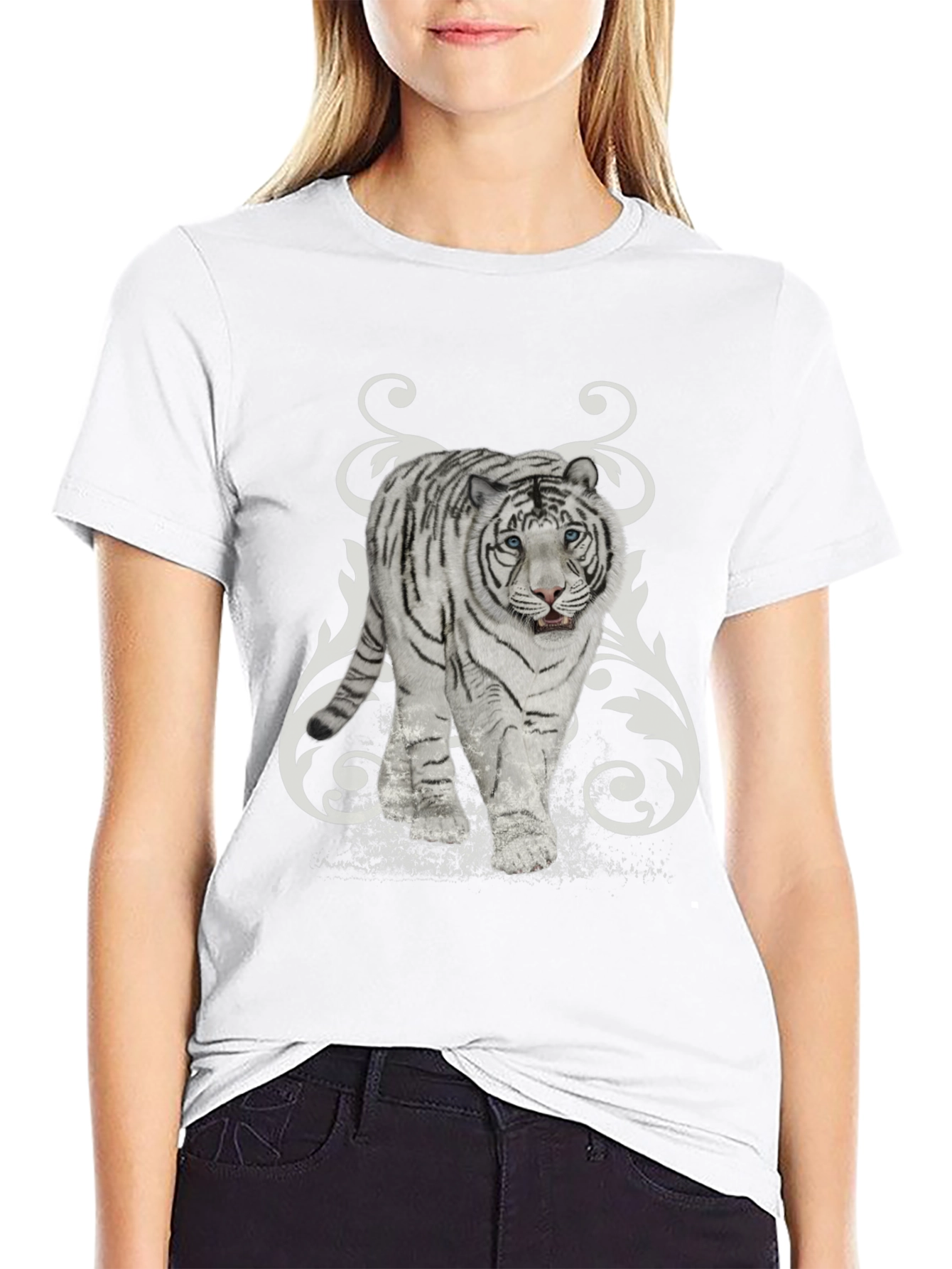White Tiger Graphic Print Black T-Shirt