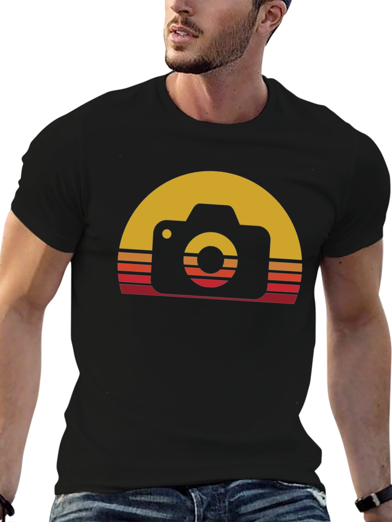 Retro Camera Sunset Graphic Tee - Black Cotton Blend
