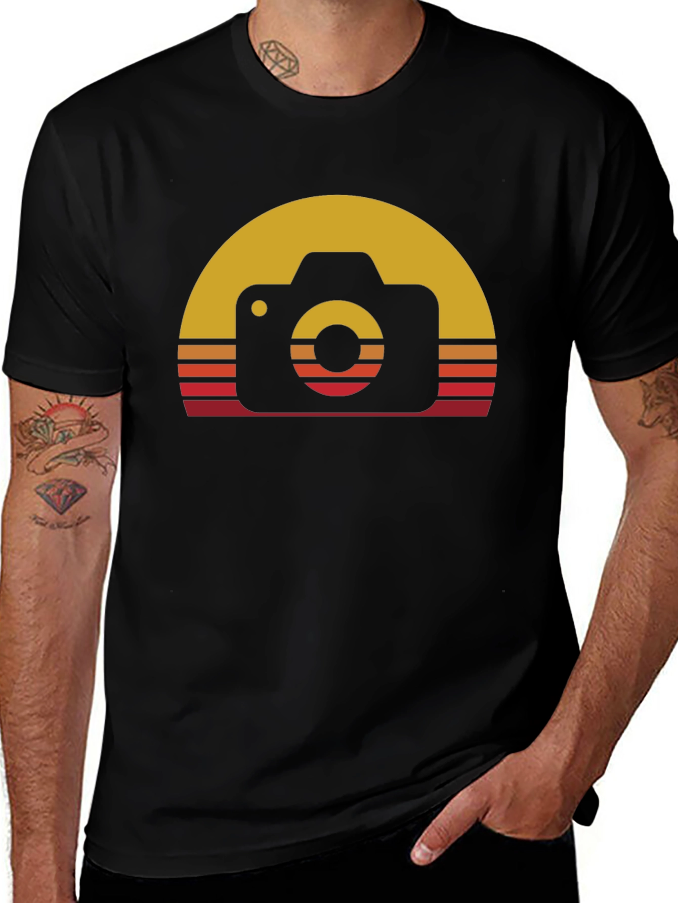 Retro Camera Sunset Graphic Tee - Black Cotton Blend