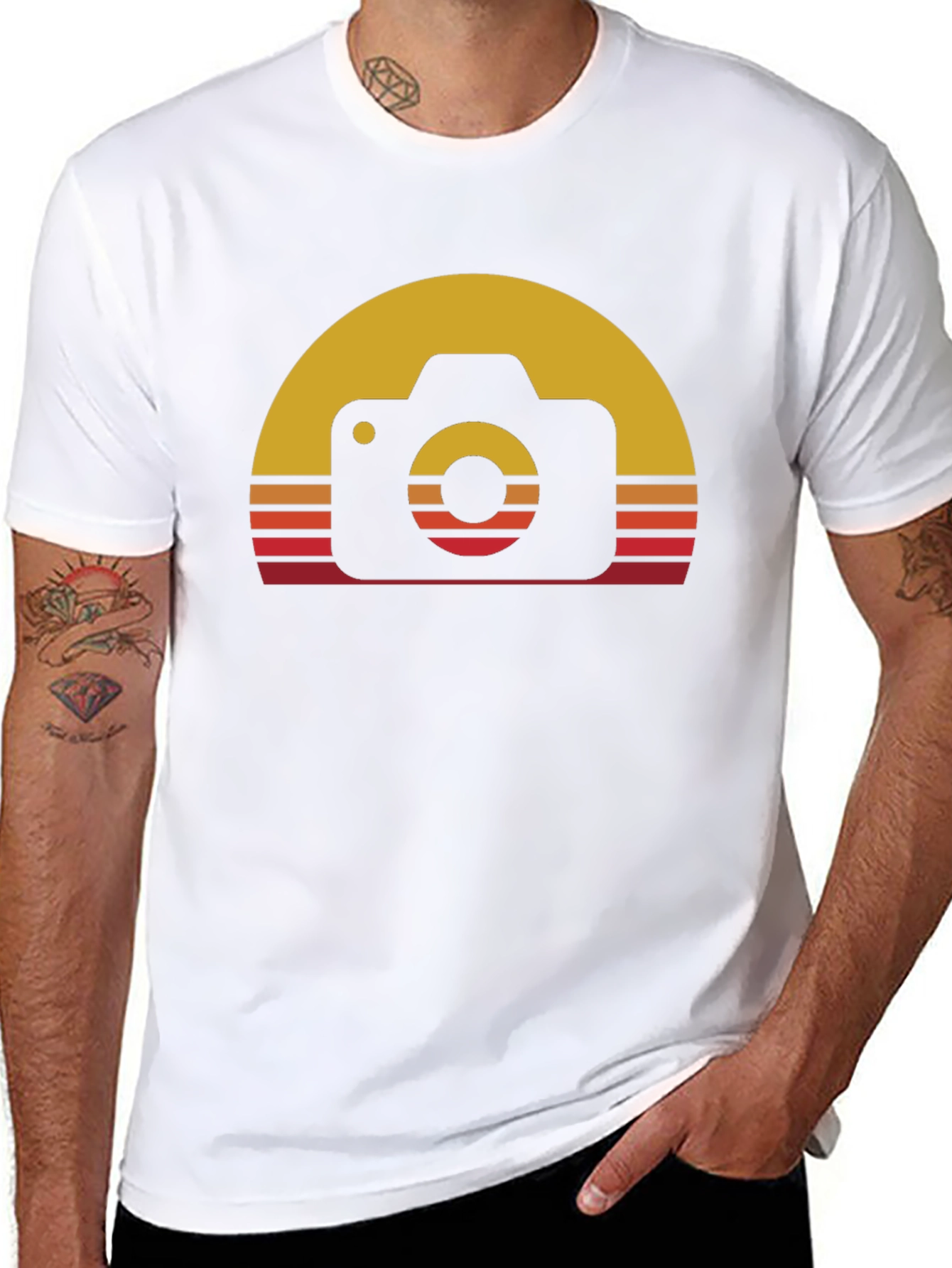 Retro Camera Sunset Graphic Tee - Black Cotton Blend