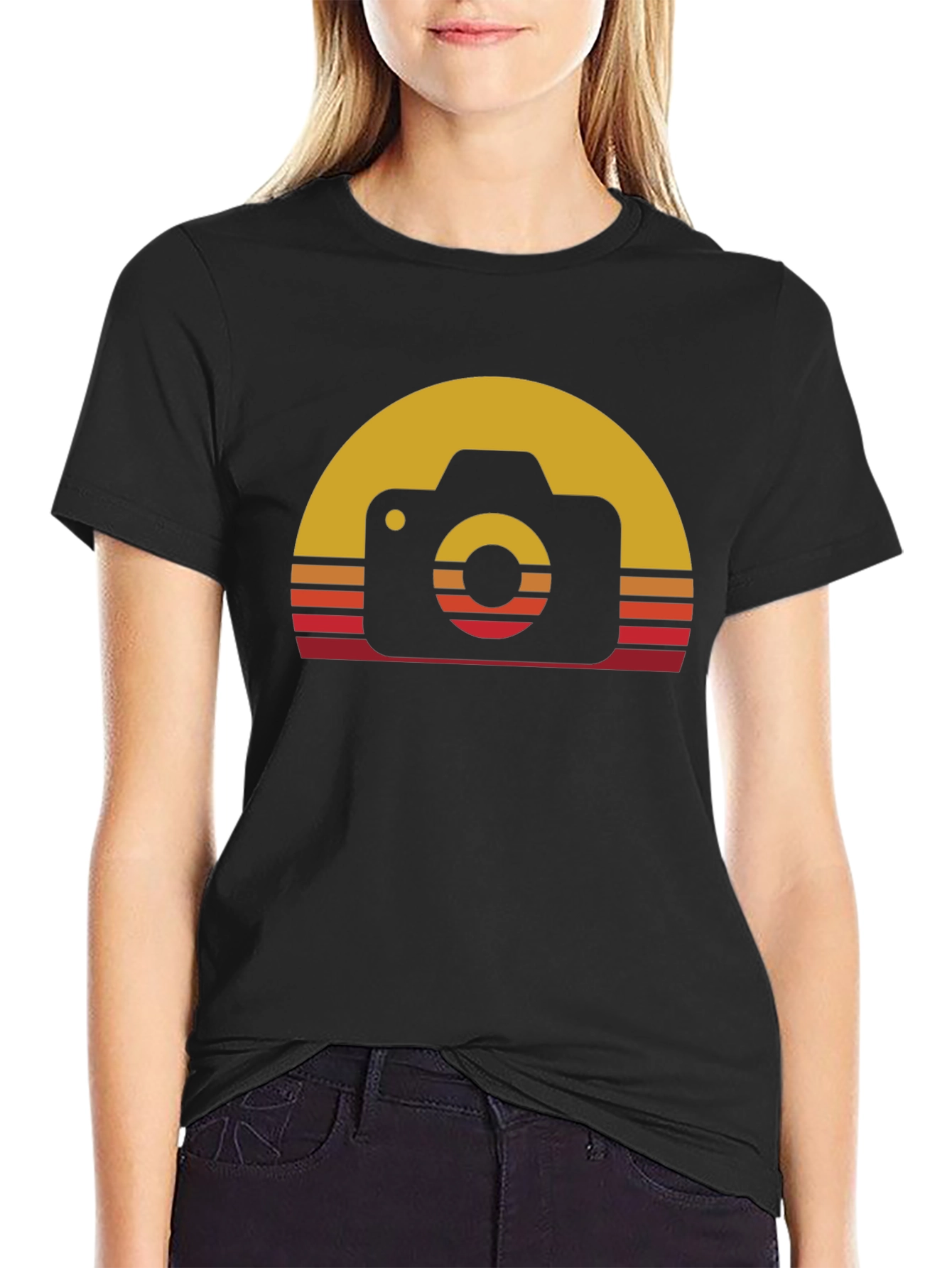 Retro Camera Sunset Graphic Tee - Black Cotton Blend