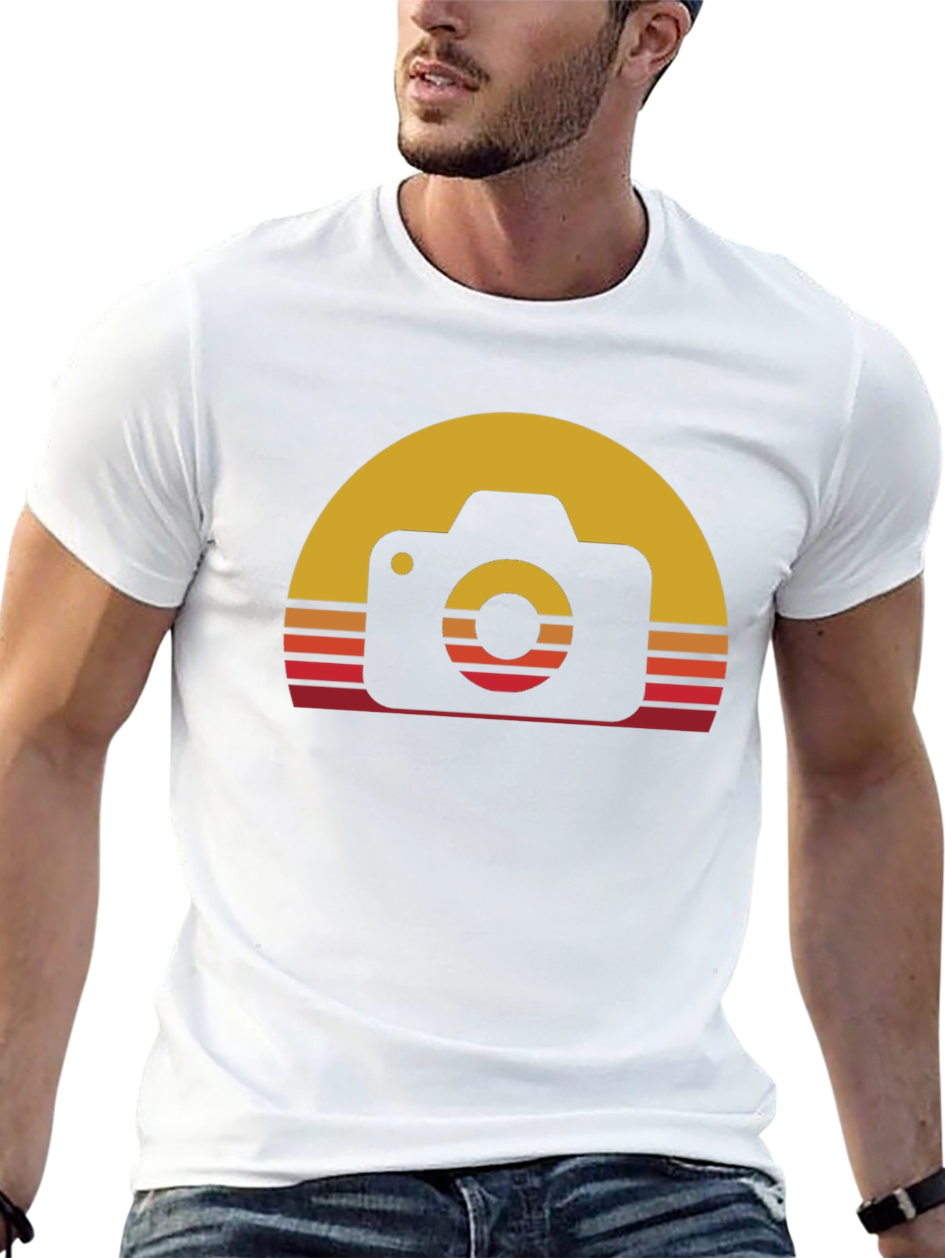 Retro Camera Sunset Graphic Tee - Black Cotton Blend