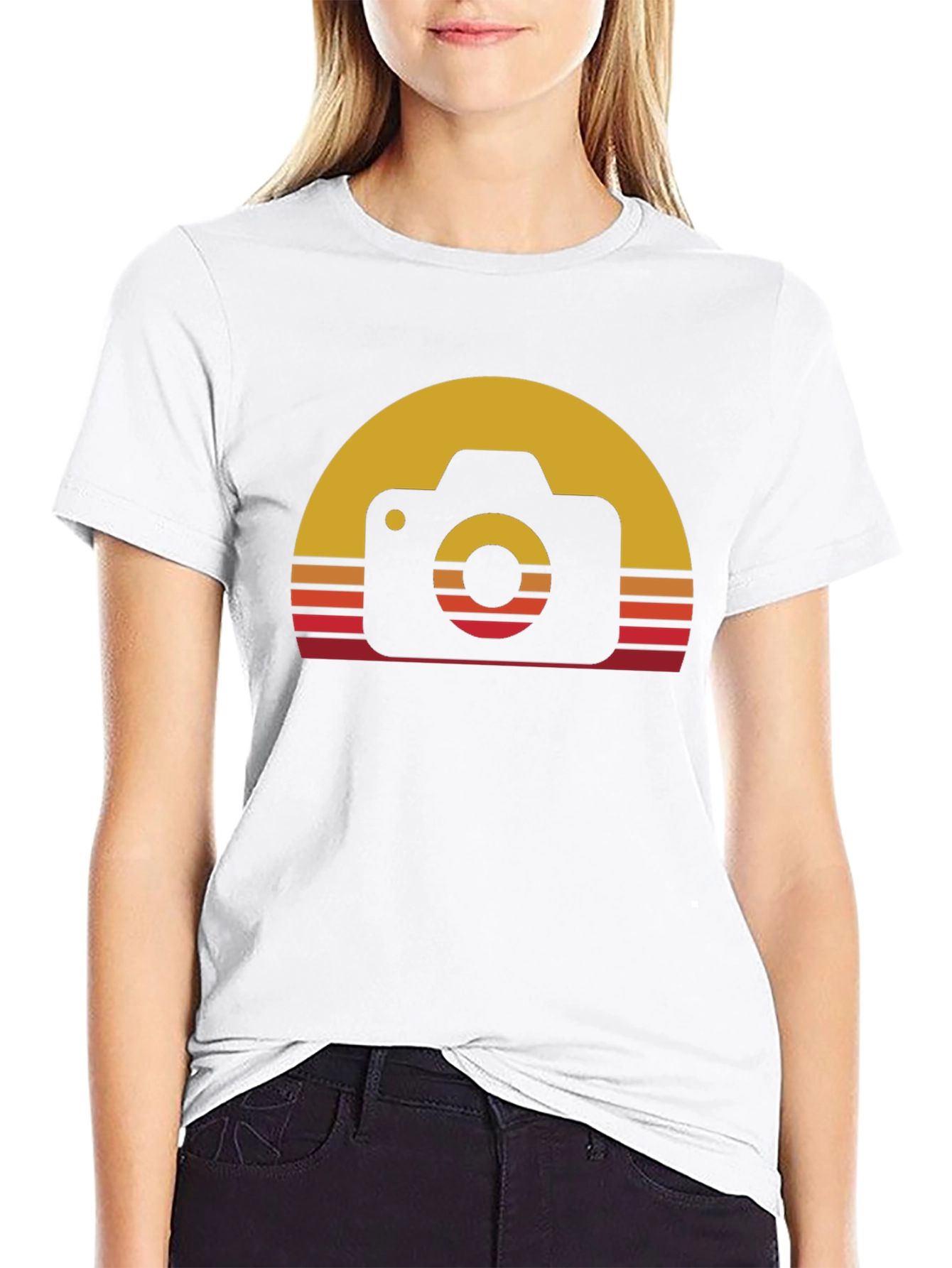Retro Camera Sunset Graphic Tee - Black Cotton Blend