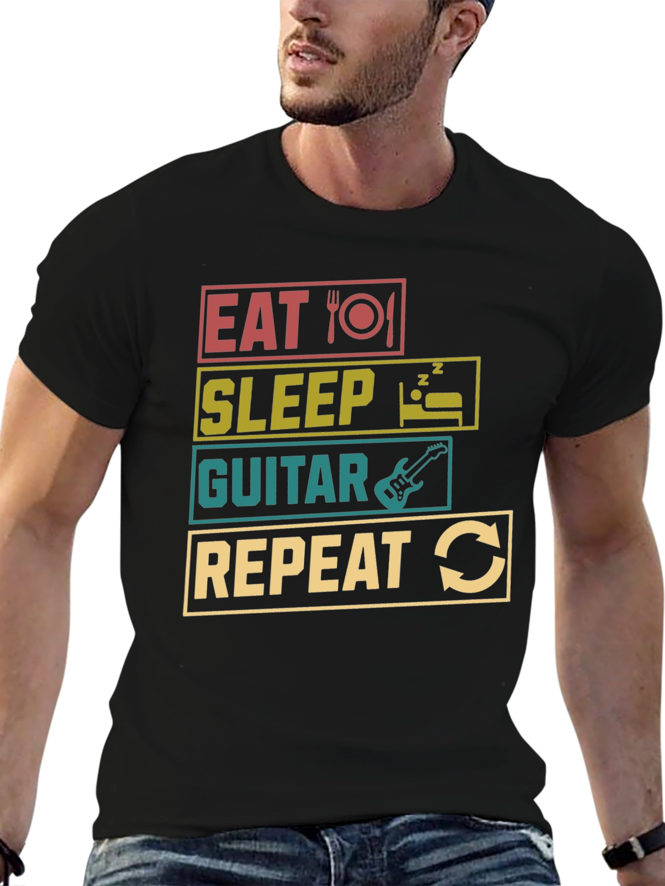 Eat Sleep Guitar Repeat T-Shirt Black Tee