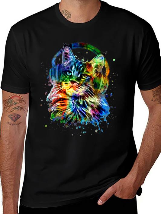 Colorful Cat with Headphones Graphic Tee