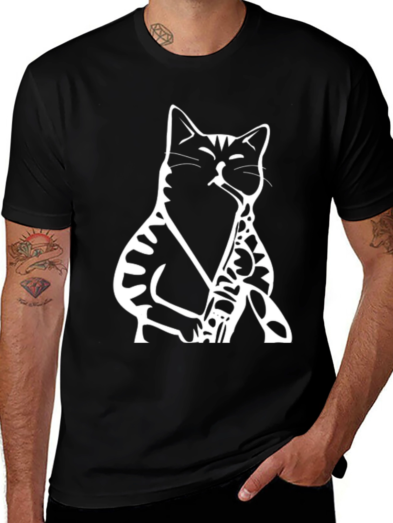 Cat Saxophone Graphic Tee - Black Cotton T-Shirt