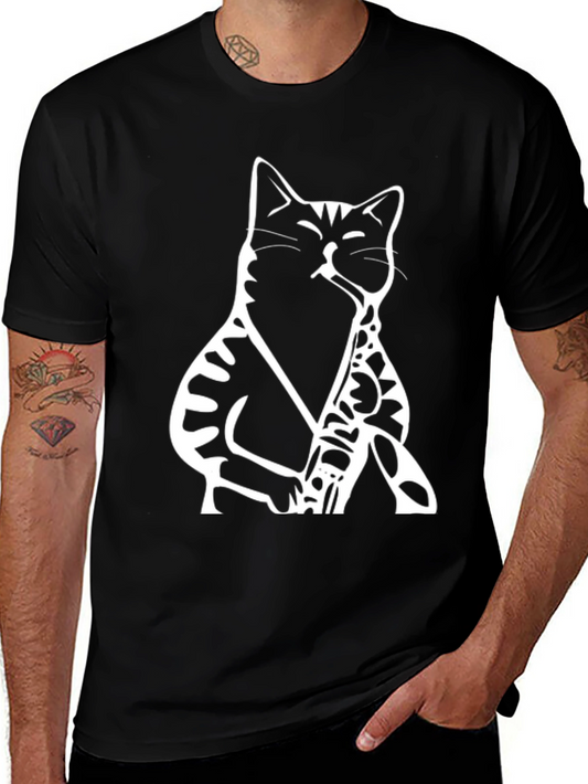 Cat Saxophone Graphic Tee - Black Cotton T-Shirt