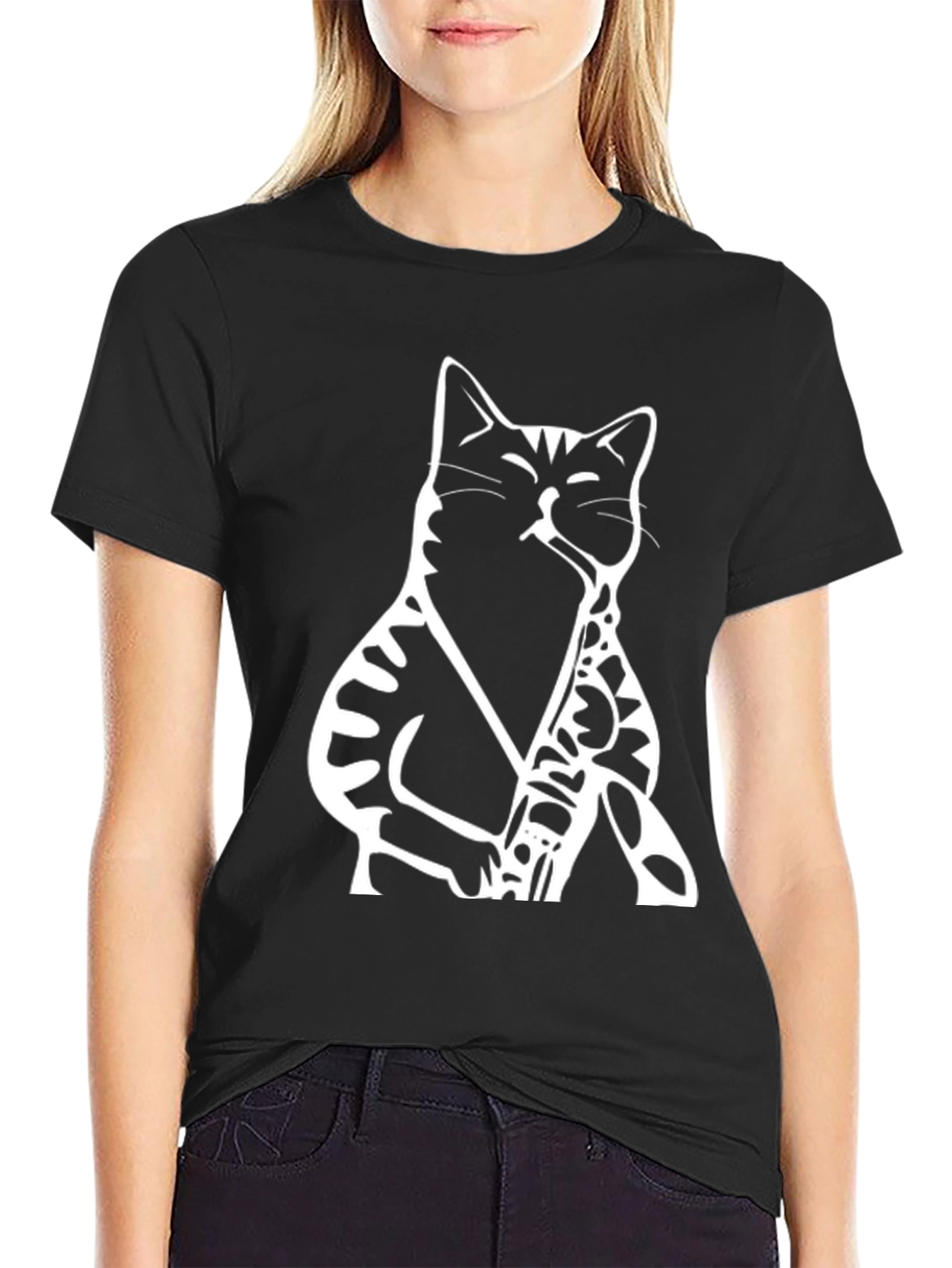 Cat Saxophone Graphic Tee - Black Cotton T-Shirt