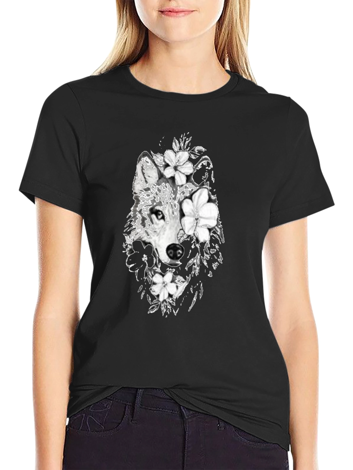 Wolf & Floral Graphic Black T-Shirt