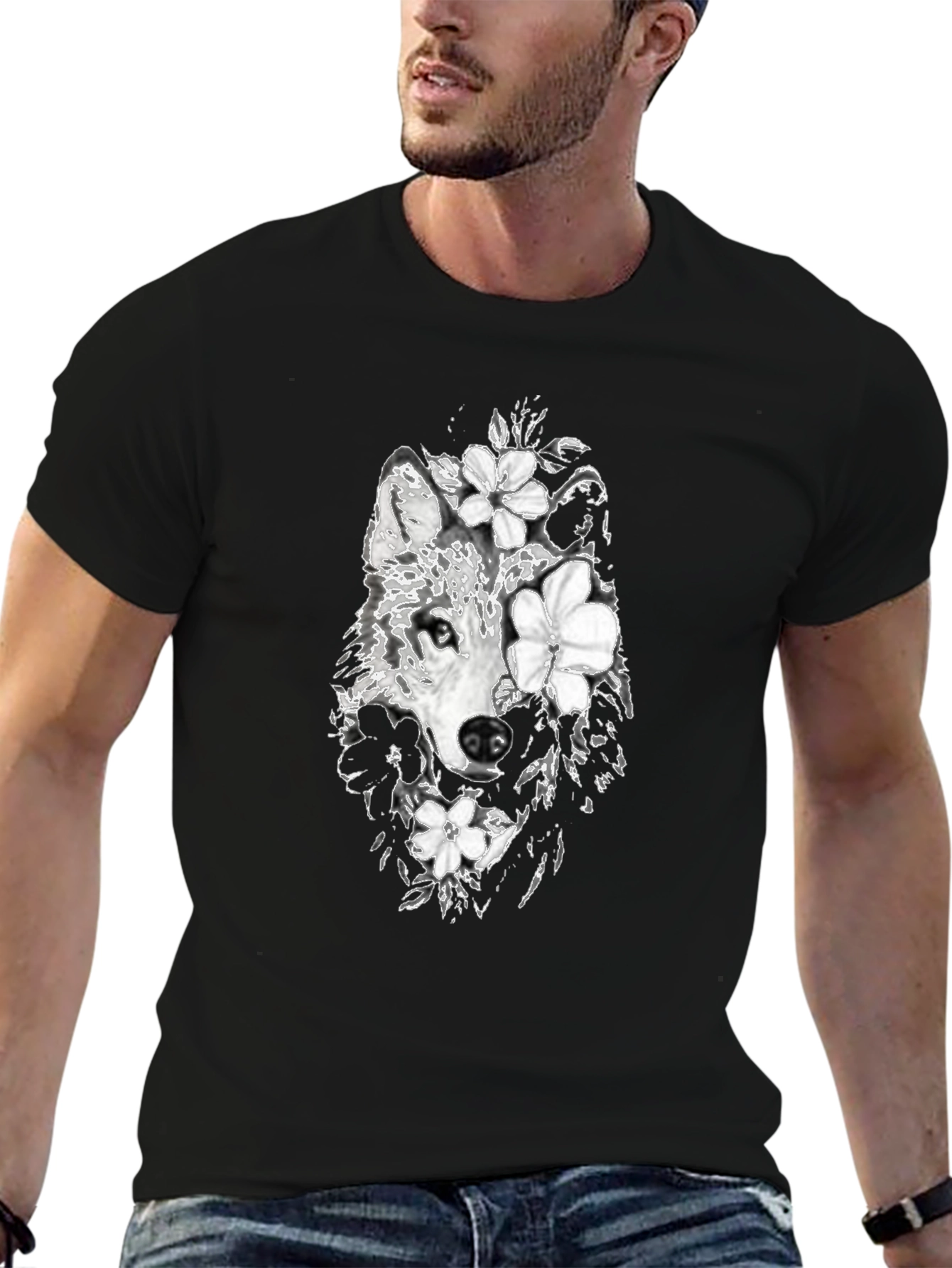 Wolf & Floral Graphic Black T-Shirt