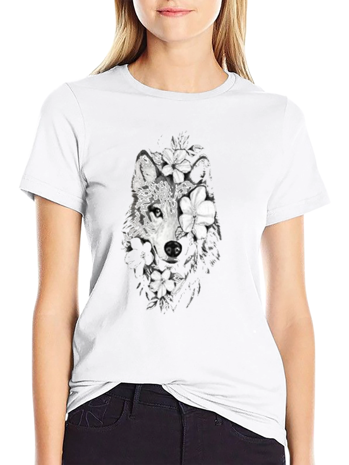 Wolf & Floral Graphic Black T-Shirt