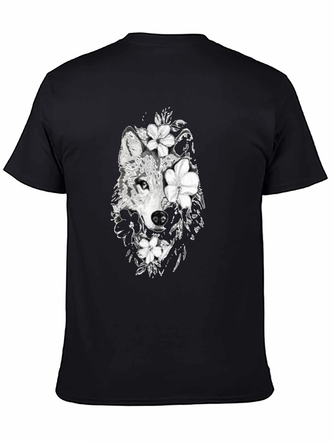 Wolf & Floral Graphic Black T-Shirt