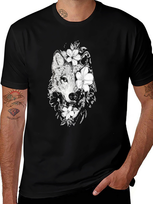 Wolf & Floral Graphic Black T-Shirt