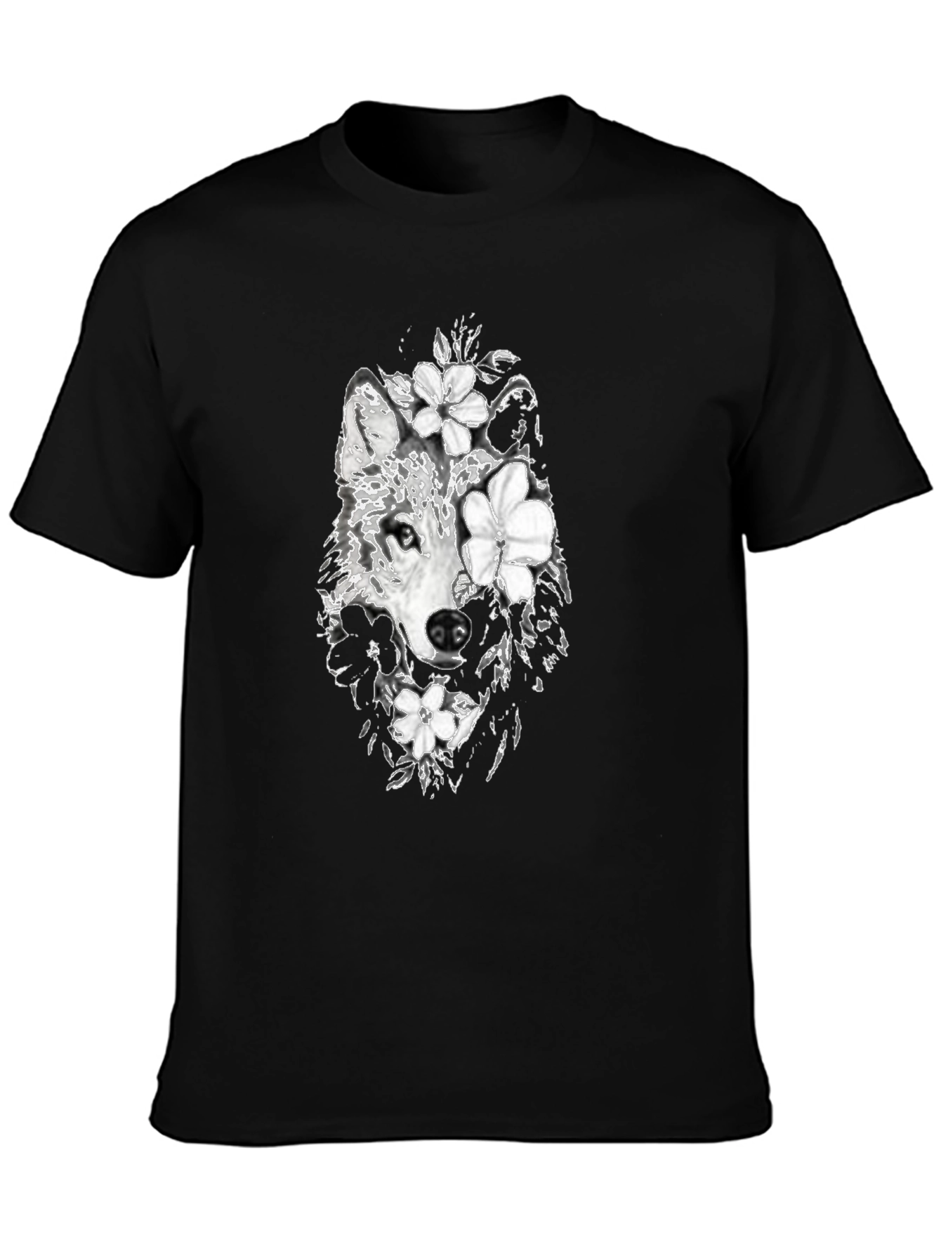Wolf & Floral Graphic Black T-Shirt