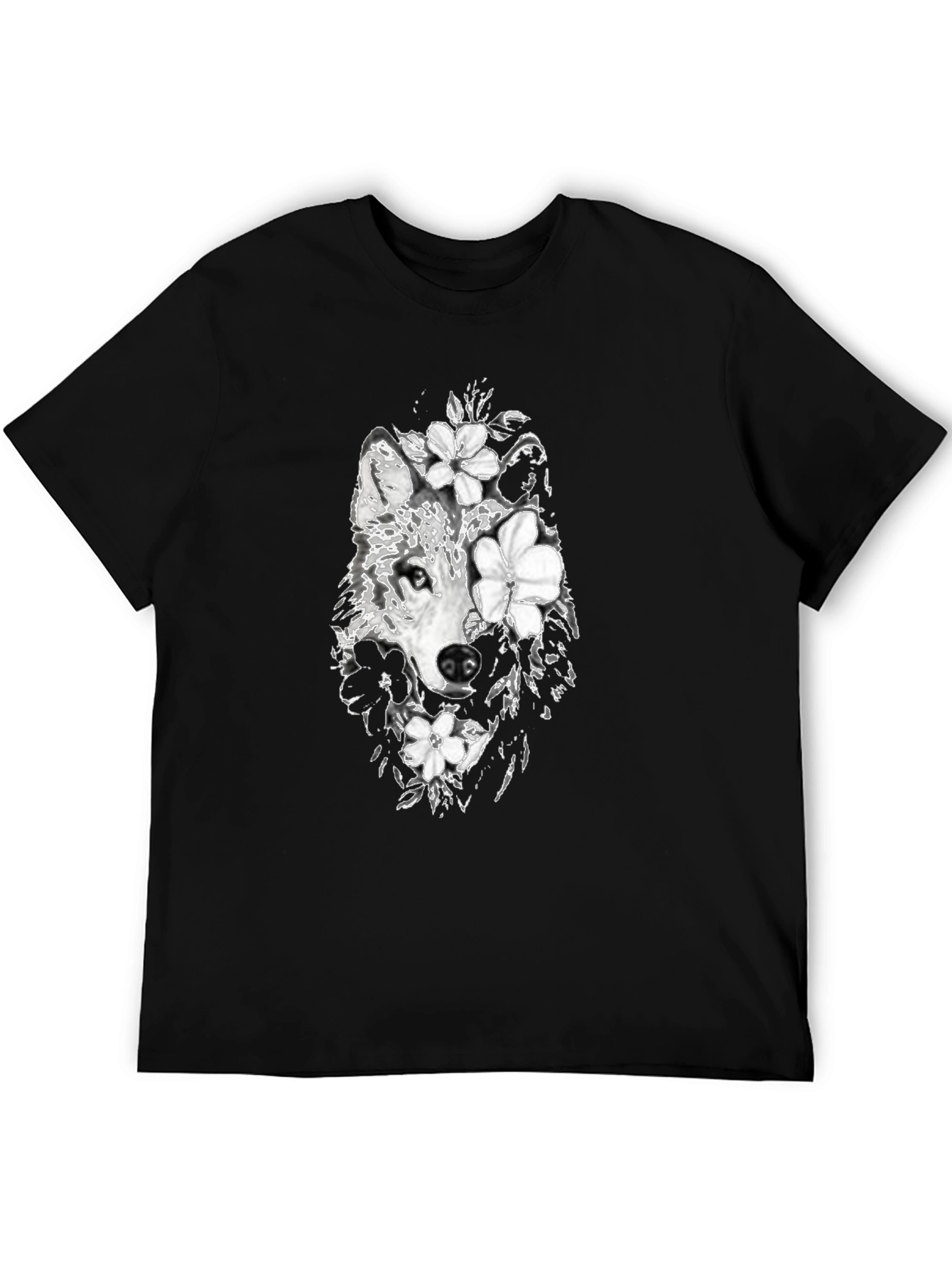 Wolf & Floral Graphic Black T-Shirt