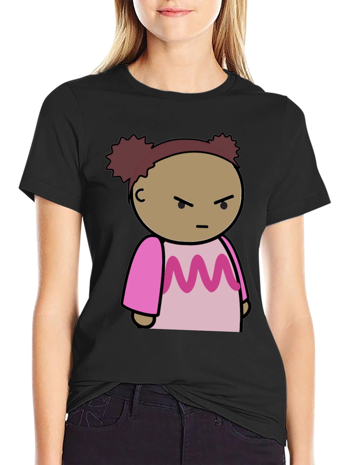 Cartoon Character Graphic Tee - Black Cotton