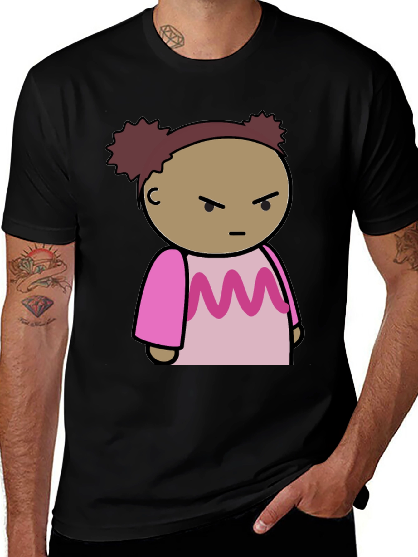 Cartoon Character Graphic Tee - Black Cotton