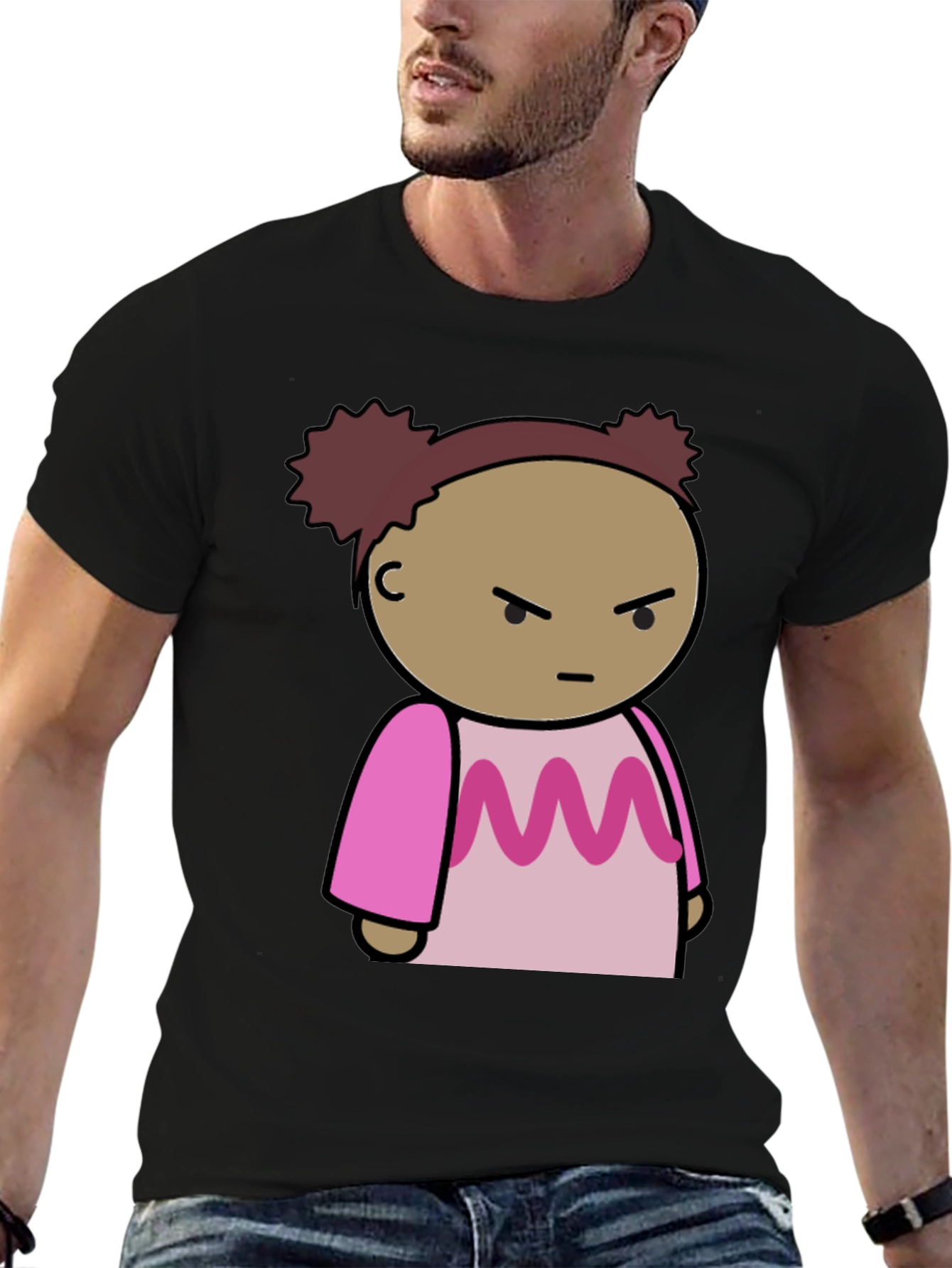 Cartoon Character Graphic Tee - Black Cotton