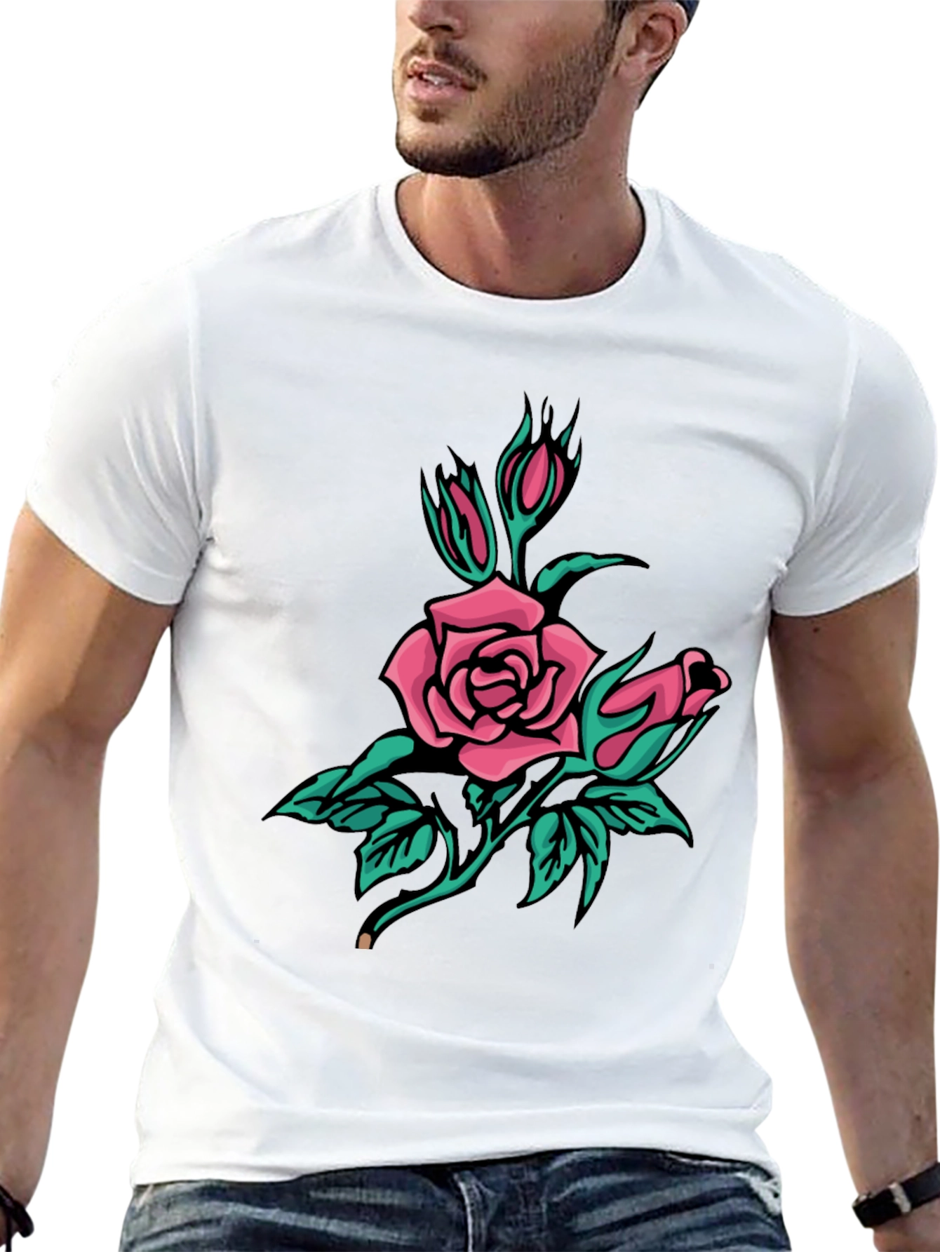 Black T-Shirt with Pink Rose Graphic
