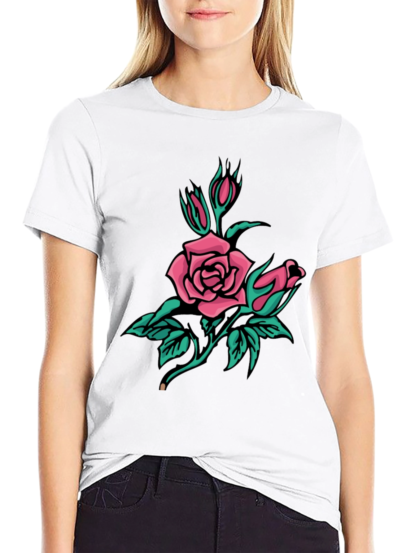Black T-Shirt with Pink Rose Graphic
