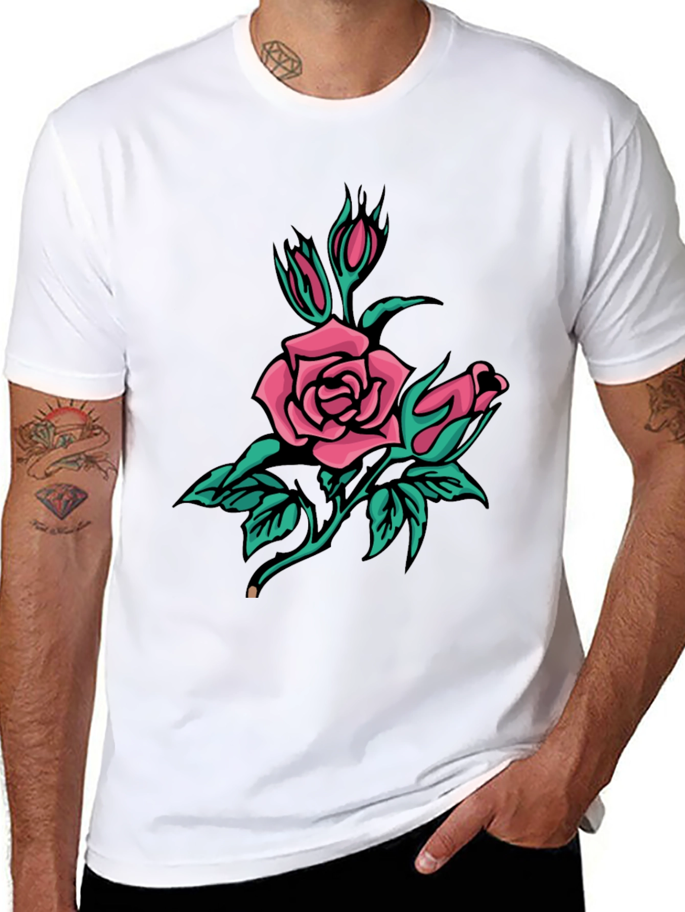 Black T-Shirt with Pink Rose Graphic