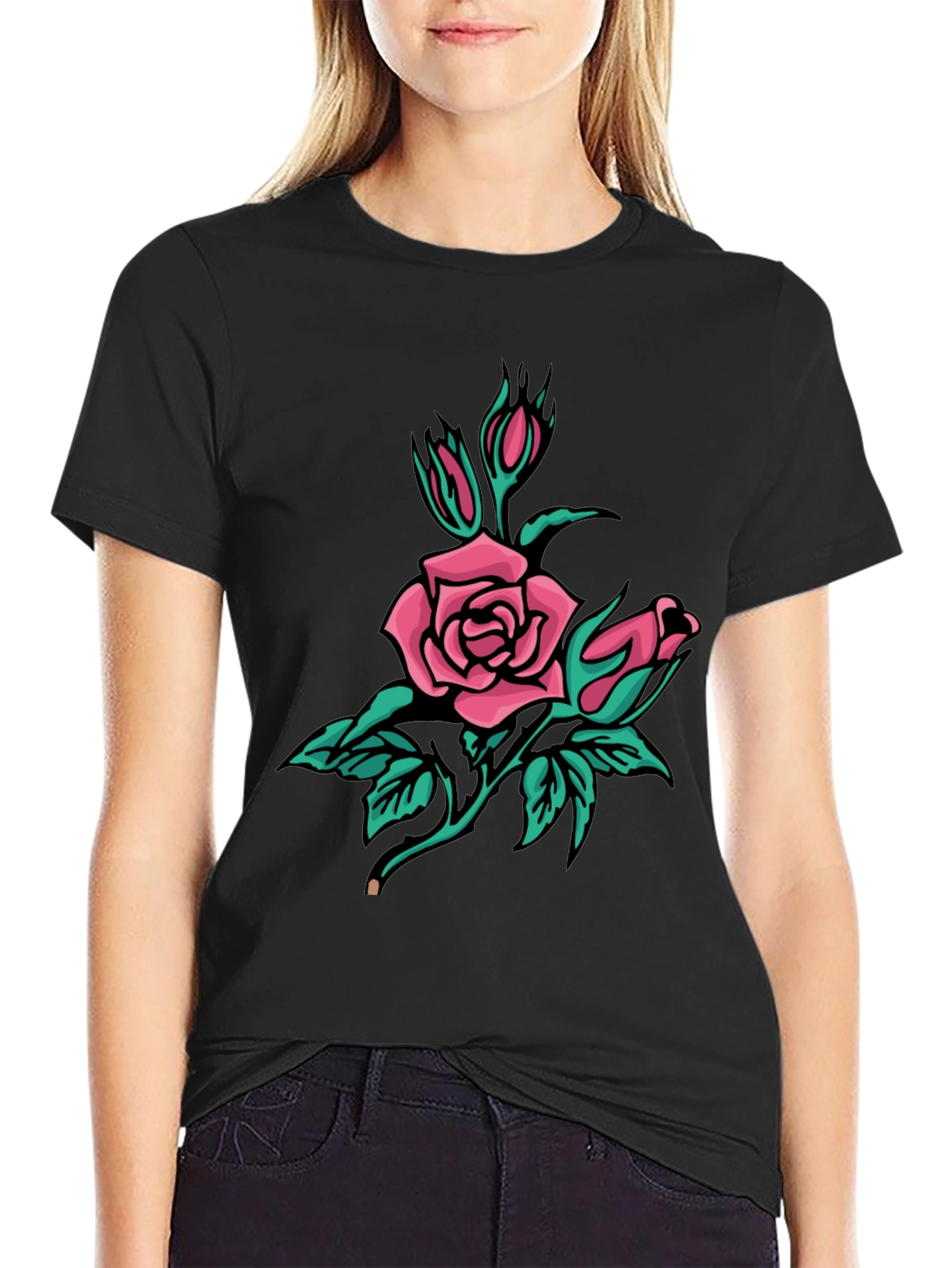 Black T-Shirt with Pink Rose Graphic