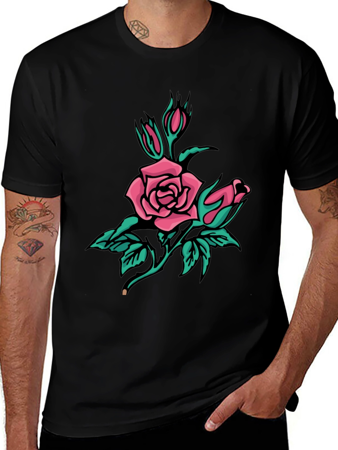 Black T-Shirt with Pink Rose Graphic