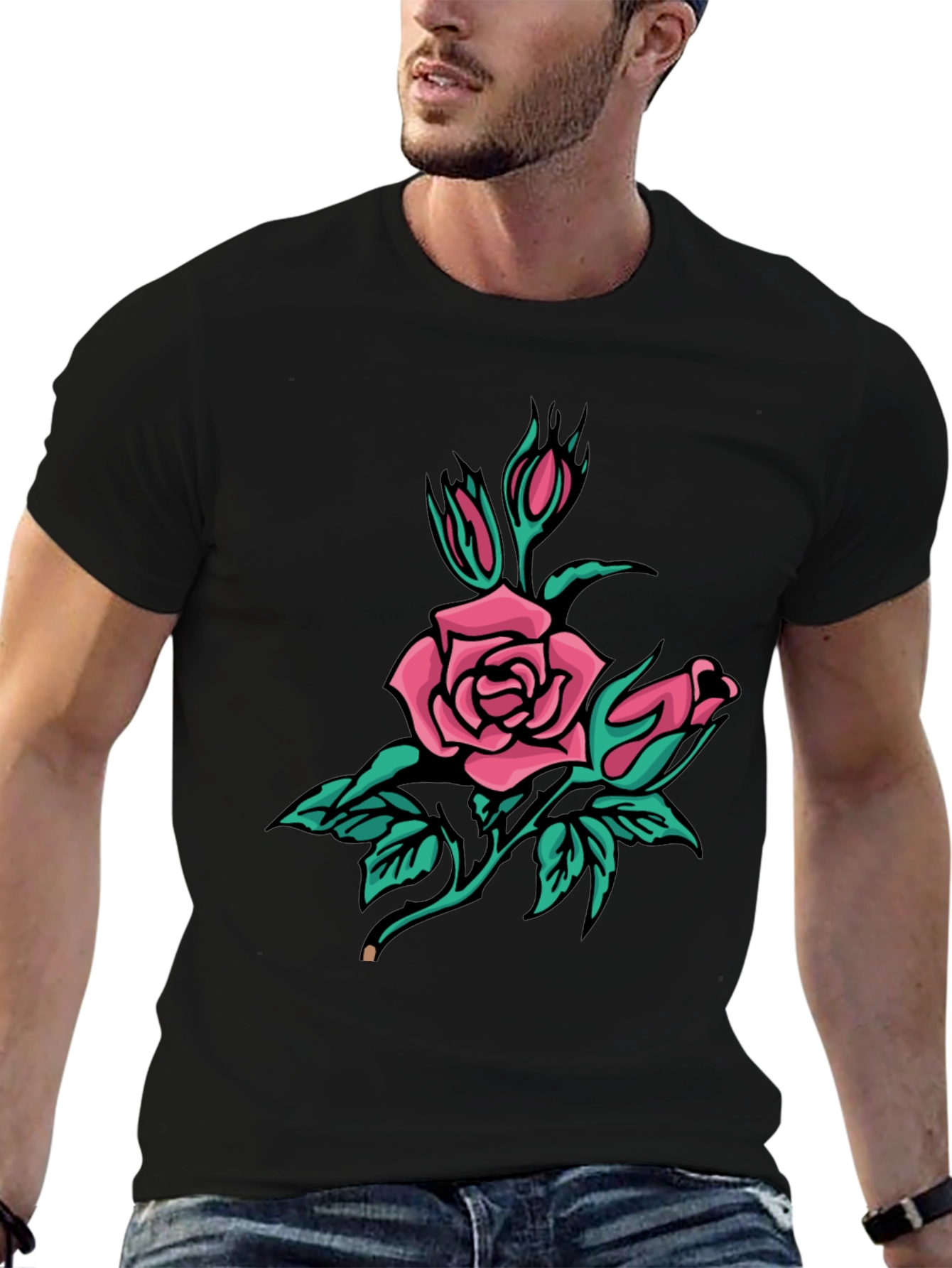 Black T-Shirt with Pink Rose Graphic