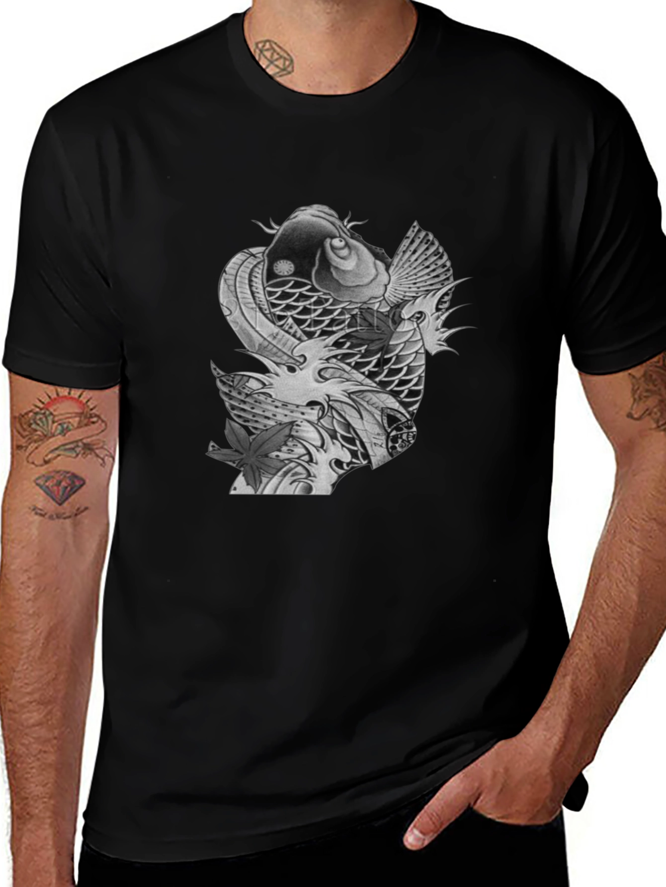Koi Fish Graphic Tee - Stylish Mens Black T-Shirt