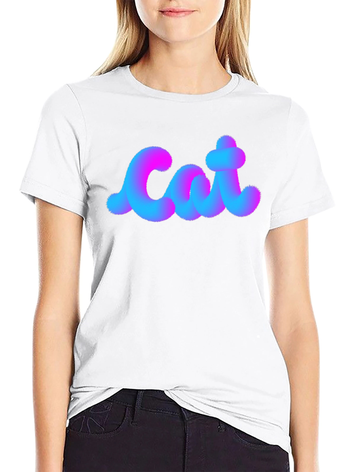 Cat Fuzzy Text Black Cotton T-Shirt