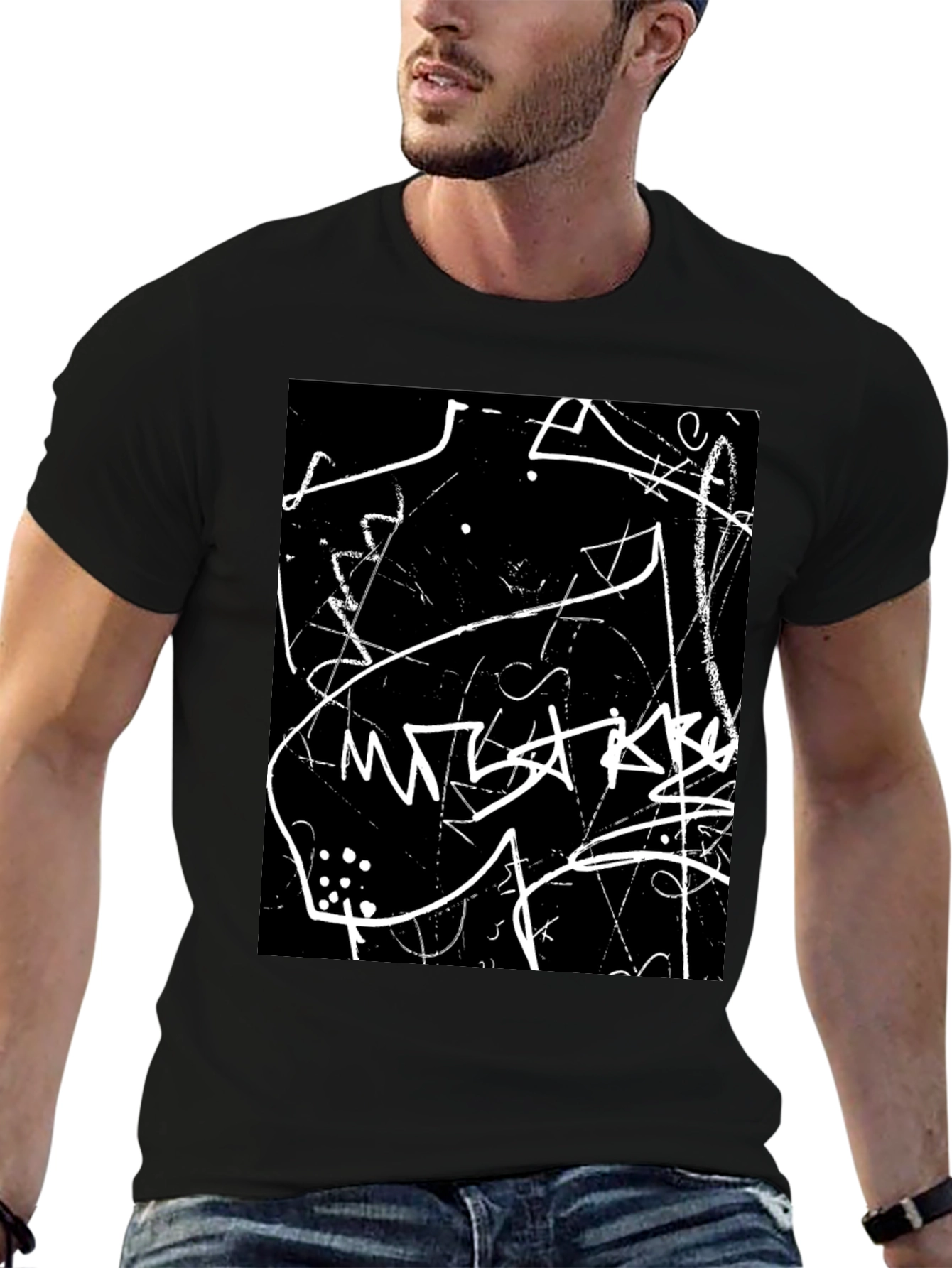 Abstract Black T-Shirt with White Scribble Design