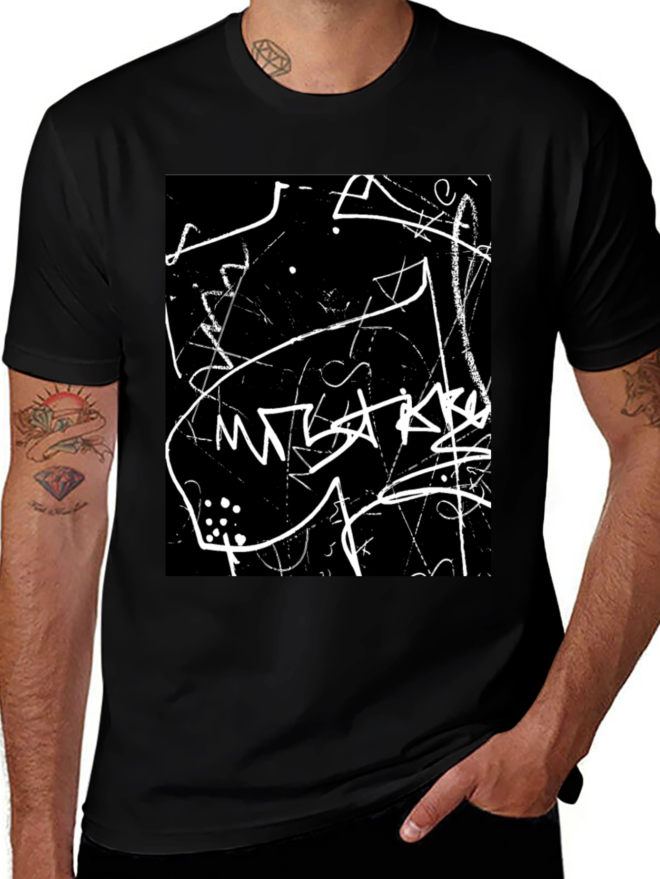 Abstract Black T-Shirt with White Scribble Design