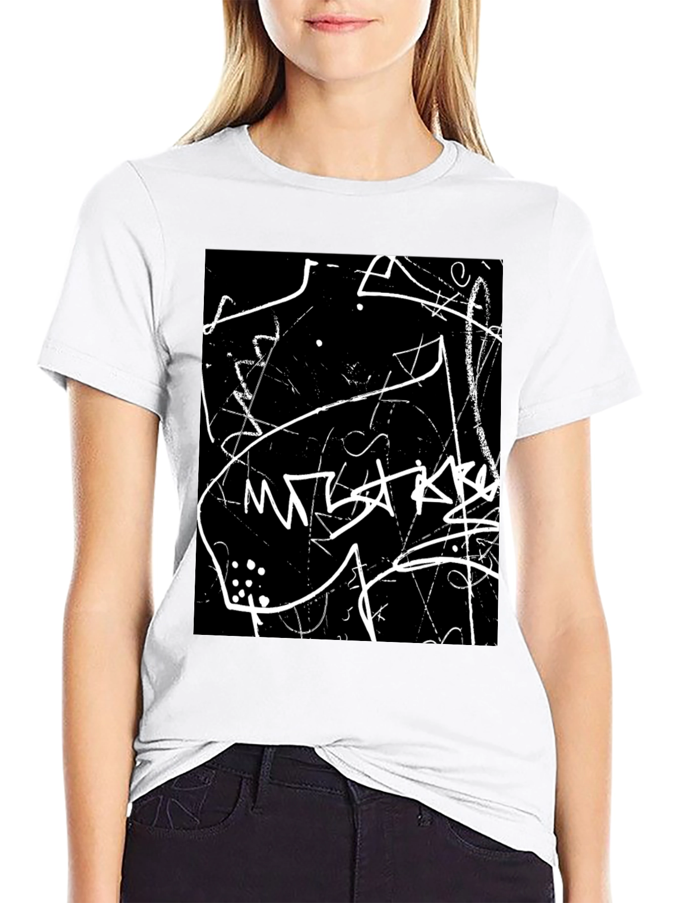 Abstract Black T-Shirt with White Scribble Design