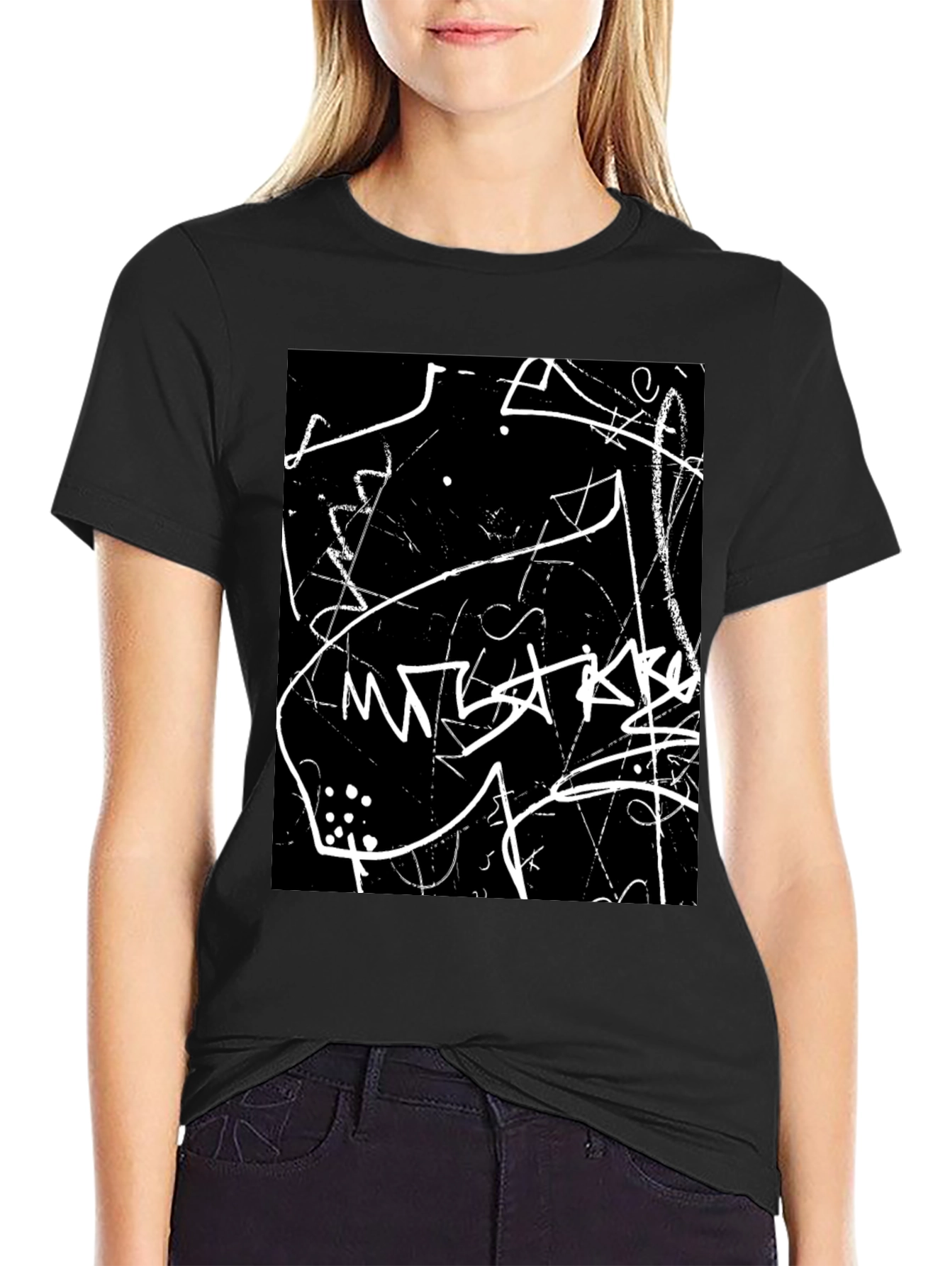 Abstract Black T-Shirt with White Scribble Design