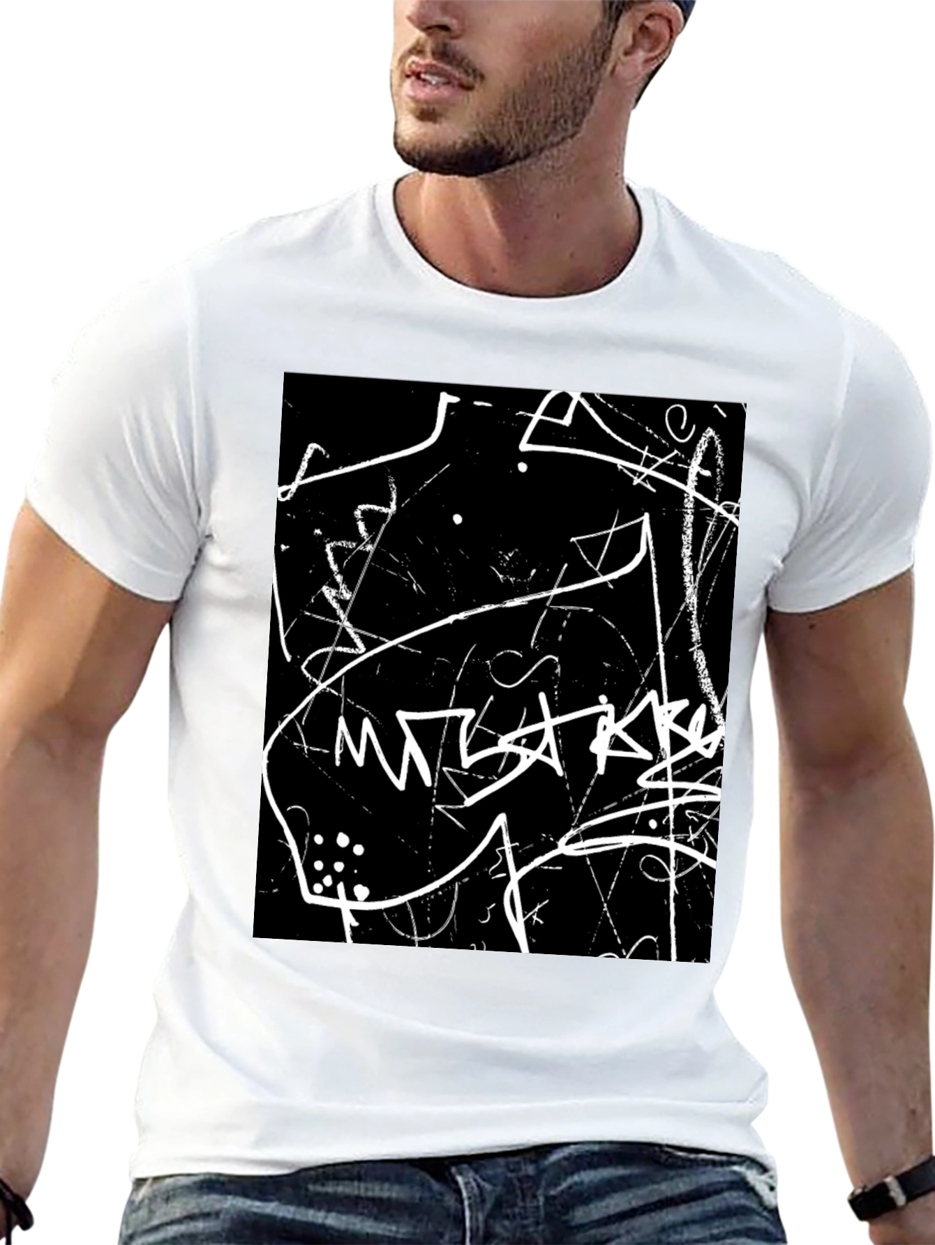 Abstract Black T-Shirt with White Scribble Design