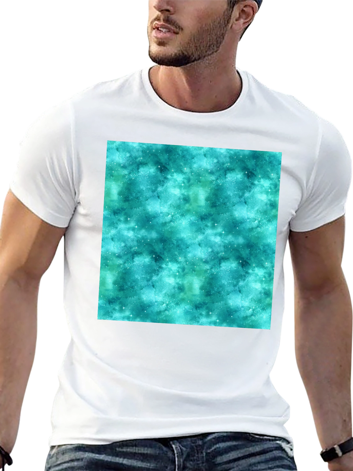 Teal Galaxy Print Black T-Shirt