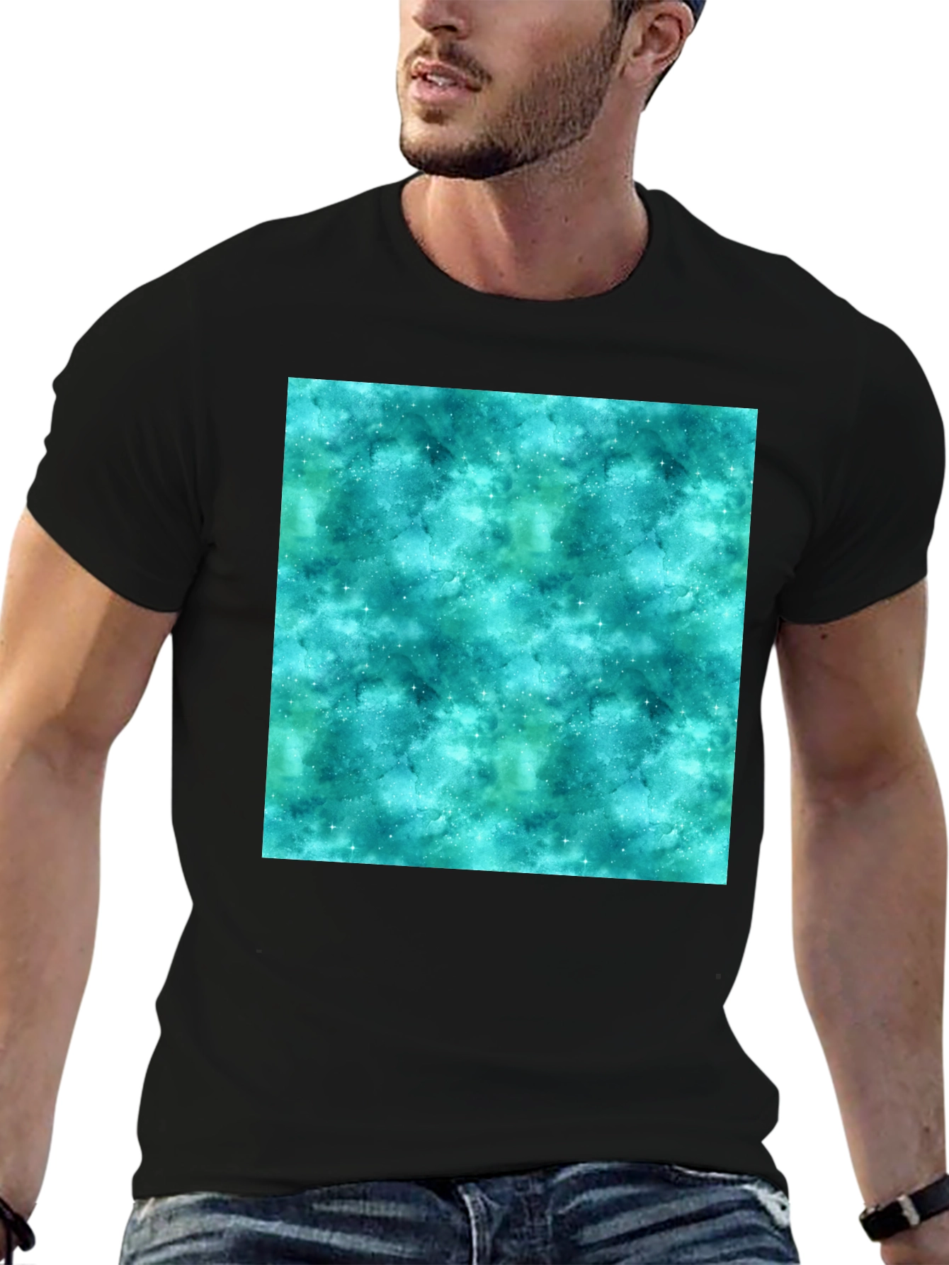 Teal Galaxy Print Black T-Shirt