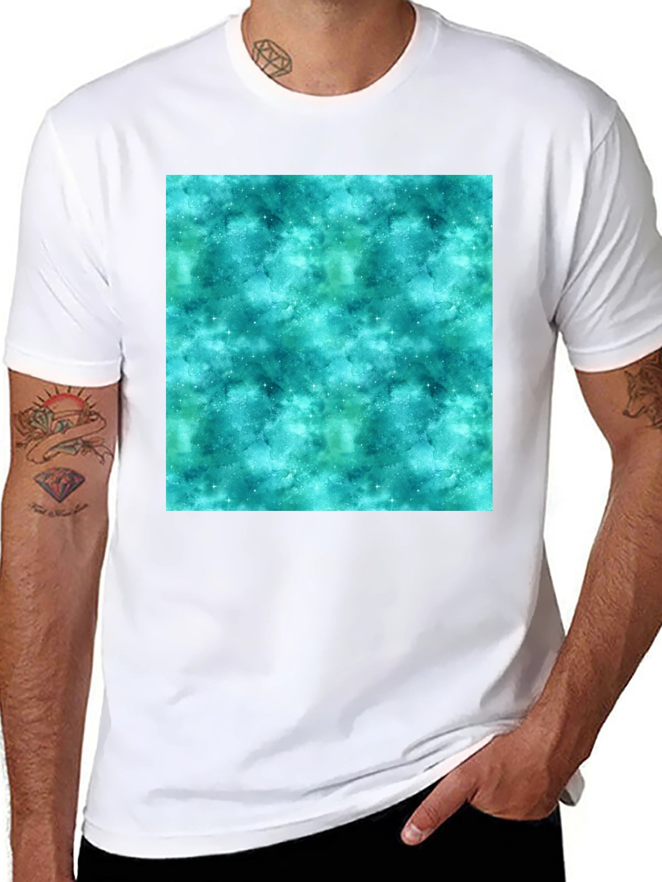 Teal Galaxy Print Black T-Shirt